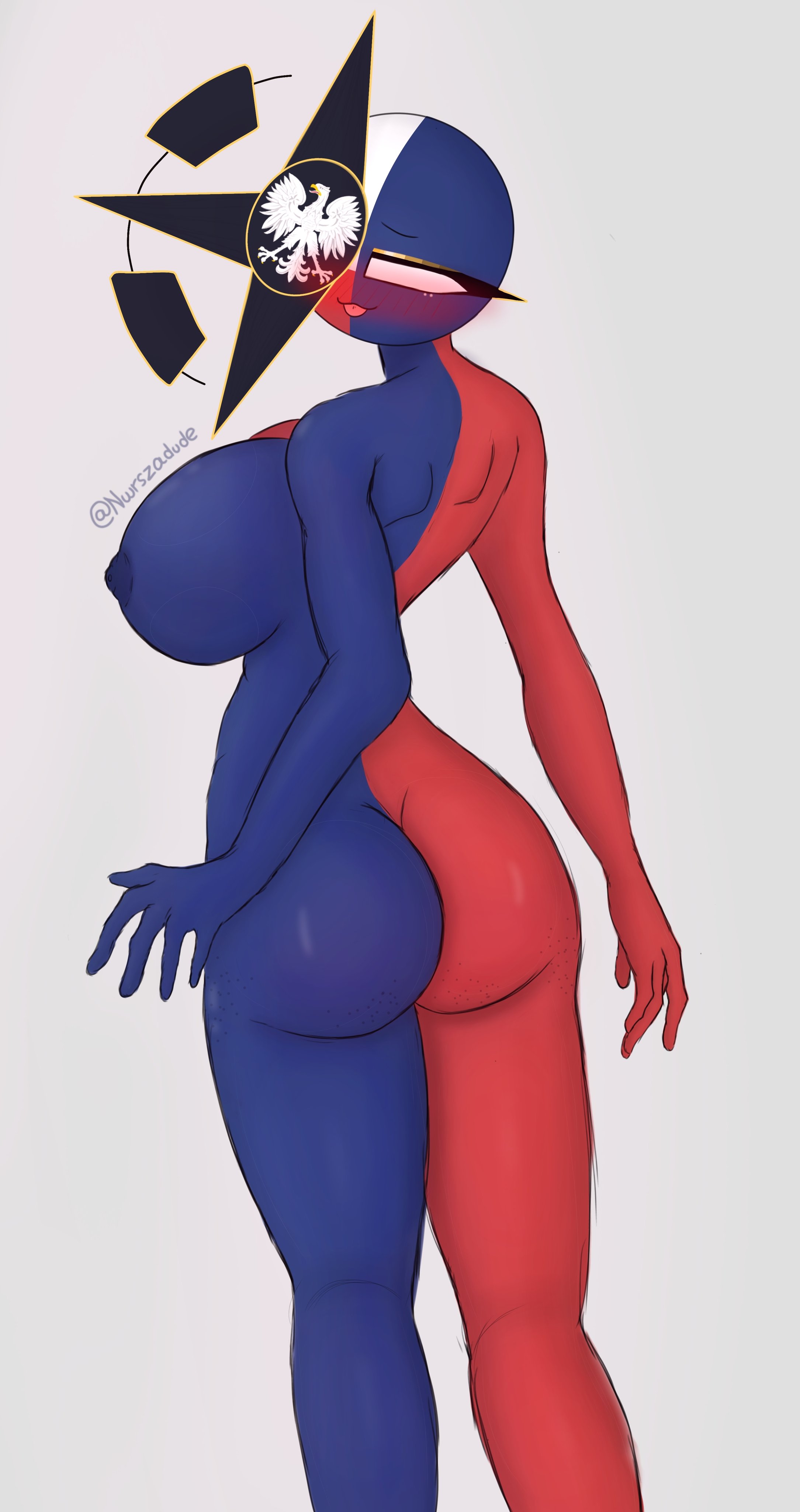 1girls ashlinsk_(countryhumans) ass ass_focus big_breasts blue_body breasts countryhumans countryhumans_girl countryhumans_oc female nipples prodamborsch red_body tounge_out
