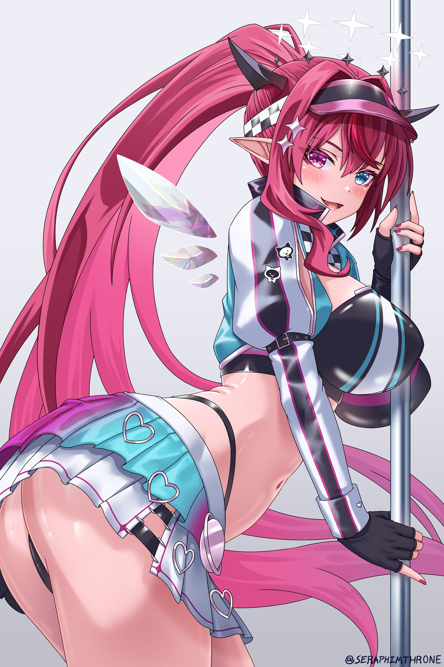 1girls, ass, blue eyes, breasts, cap, crop top, female, hololive, hololive english, hololive english -promise-, horn, irys, irys (hololive), looking at viewer, pole, ponytail, race queen, racing suit, red eyes, red hair, seraphimthrone, skirt, solo, virtual youtuber, visor cap, wings