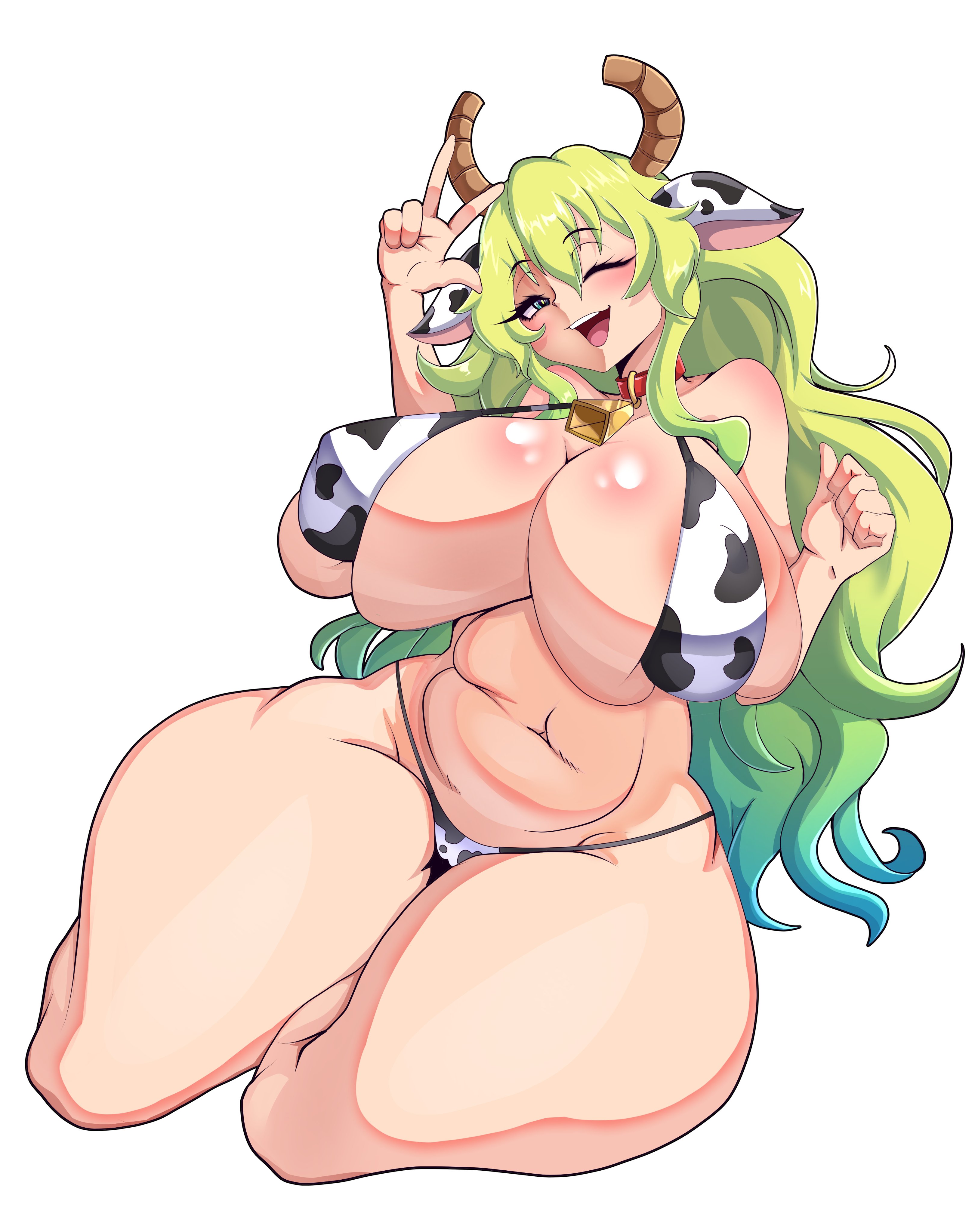 absurdres, animal ears, animal print, bikini, black bikini, blonde hair, breasts, collar, collarbone, covered erect nipples, cow ears, cow print, cow print bikini, dragon girl, dragon horns, eyebrows hidden by hair, eyelashes, fake animal ears, feet out of frame, female, female focus, green eyes, green hair, hands up, highres, horns, huge breasts, kobayashi-san chi no maidragon, leaning to the side, long hair, looking at viewer, lucoa (maidragon), miyako noh, miyako.noh, multicolored bikini, multicolored hair, navel, neck bell, one eye closed, open mouth, print bikini, quetzalcoatl (dragon maid), red collar, simple background, sitting, smile, solo, swimsuit, teeth, thick thighs, thighs, two-tone bikini, two-tone hair, upper teeth, variant set, w, white background, white bikini, wide hips, yokozuwari