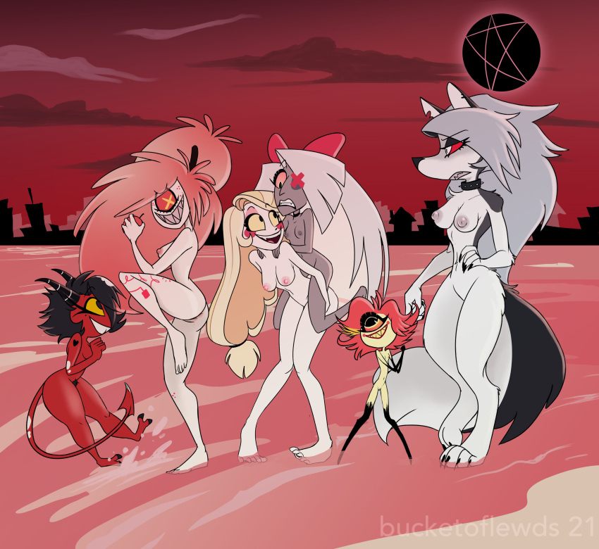anthro, breasts, bucketoflewds, charlie morningstar (hazbin hotel), cherri bomb, demon, demon girl, female, furry, hand on hip, hazbin hotel, hellhound, helluva boss, imp, long hair, loona (helluva boss), millie (helluva boss), multiple girls, naked, naked female, niffty, nipples, nude, nude female, piggyback, size difference, spiked collar, tagme, vaggie (hazbin hotel), wolf, wolf girl
