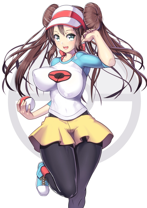 1girls, alternate breast size, arm up, big breasts, bouncing breasts, breasts, brown hair, clothed, clothes, eyelashes, female, female only, green eyes, hat, holding, human, impossible clothes, large breasts, leg up, leggings, long hair, looking at viewer, miniskirt, nagase haruhito, nintendo, open mouth, pantyhose, poke ball, pokemon, pokemon bw2, rosa (pokemon), shirt, shoes, skirt, smile, solo, teeth, thighs, tied hair, tongue, twintails, white background, wide hips