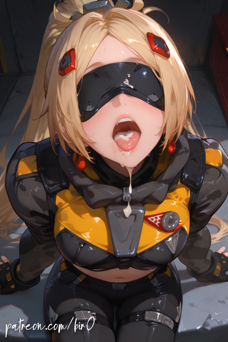 after fellatio, ai generated, arm support, bangs, black blindfold, black gloves, black pants, blindfold, blonde hair, blush, bodysuit, breasts, clothing, covered eyes, cum, cum in mouth, cum on tongue, eyewear, facing viewer, female, fingerless gloves, gloves, hair ornament, headgear, hoyoverse, jacket, large breasts, long hair, long sleeves, medium breasts, midriff, mihoyo, navel, open mouth, pants, parted bangs, ponytail, saliva, semen, sitting, solo, tongue, tongue out, trigger (zenless zone zero), zenless zone zero