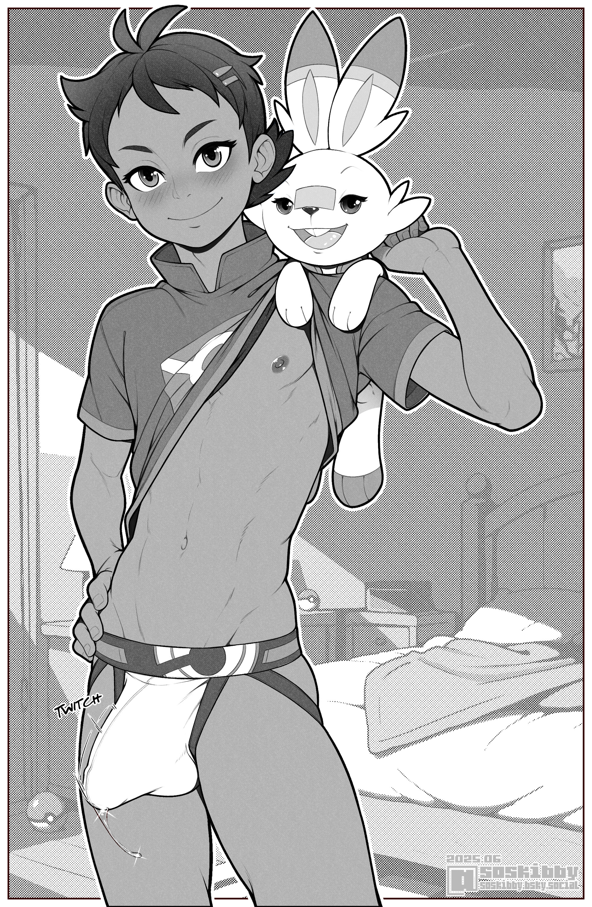 1boy, 1pokemon, bed, bedroom, blush, bulge, bulge through clothing, dark skin, dark-skinned male, erection, erection under clothes, goh (pokemon), looking at viewer, male, male only, monochrome, nintendo, open mouth, penis, poke ball, pokemon, pokemon (species), pokemon journeys, precum, scorbunny, shirt, shirt lift, skibby, smile, underwear
