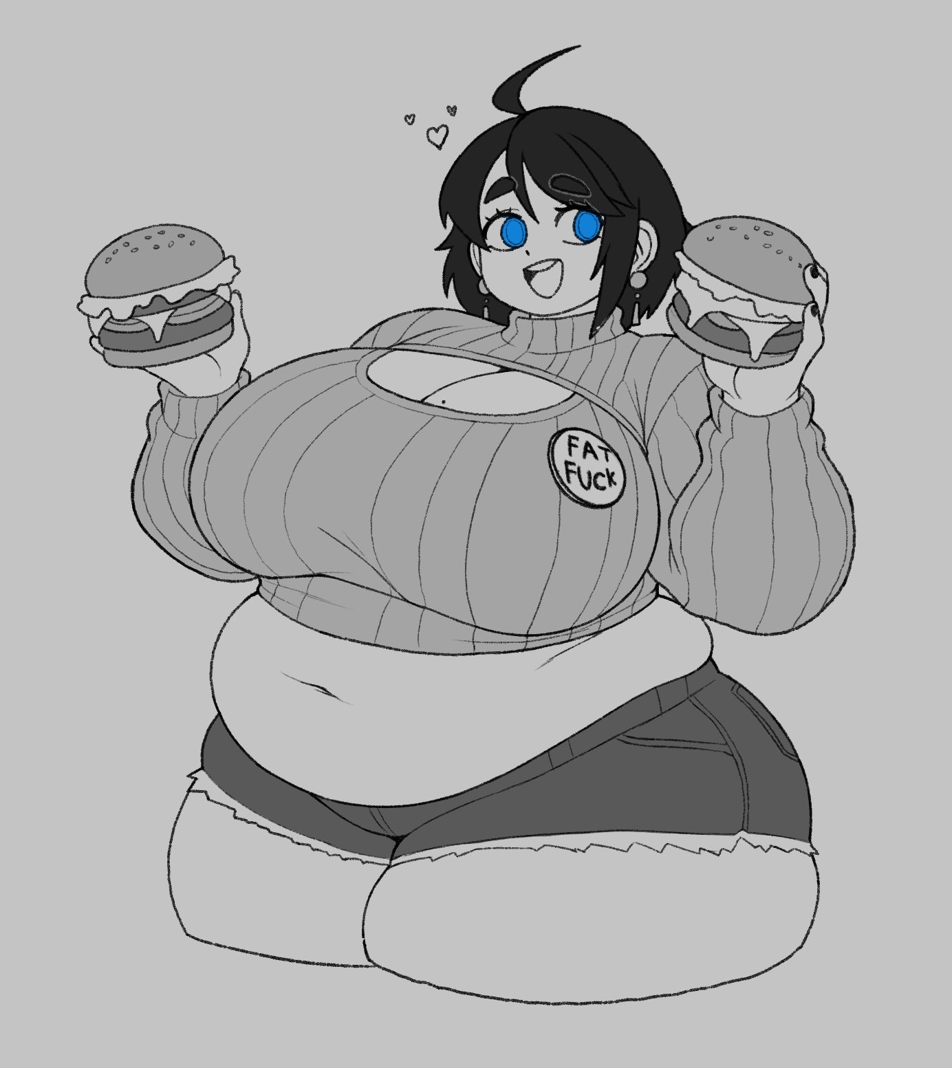 1girls, belly, big belly, big breasts, breasts, burger, champchidi, chubby, chubby female, crop top, fat, female, female focus, female only, food, fully clothed, huge breasts, huge thighs, monochrome, overweight, short shorts, shorts, smile, solo, thick thighs