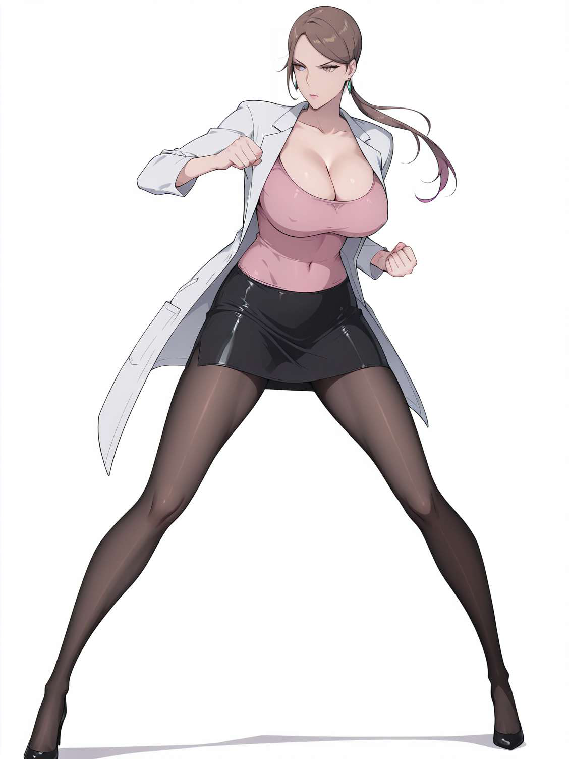 ai generated, bewitching thighs, breasts, brown hair, cleavage, doctor, female, full body, high heels, large breasts, pantyhose, purple eyes, sagiri yuuko, shu, triage x