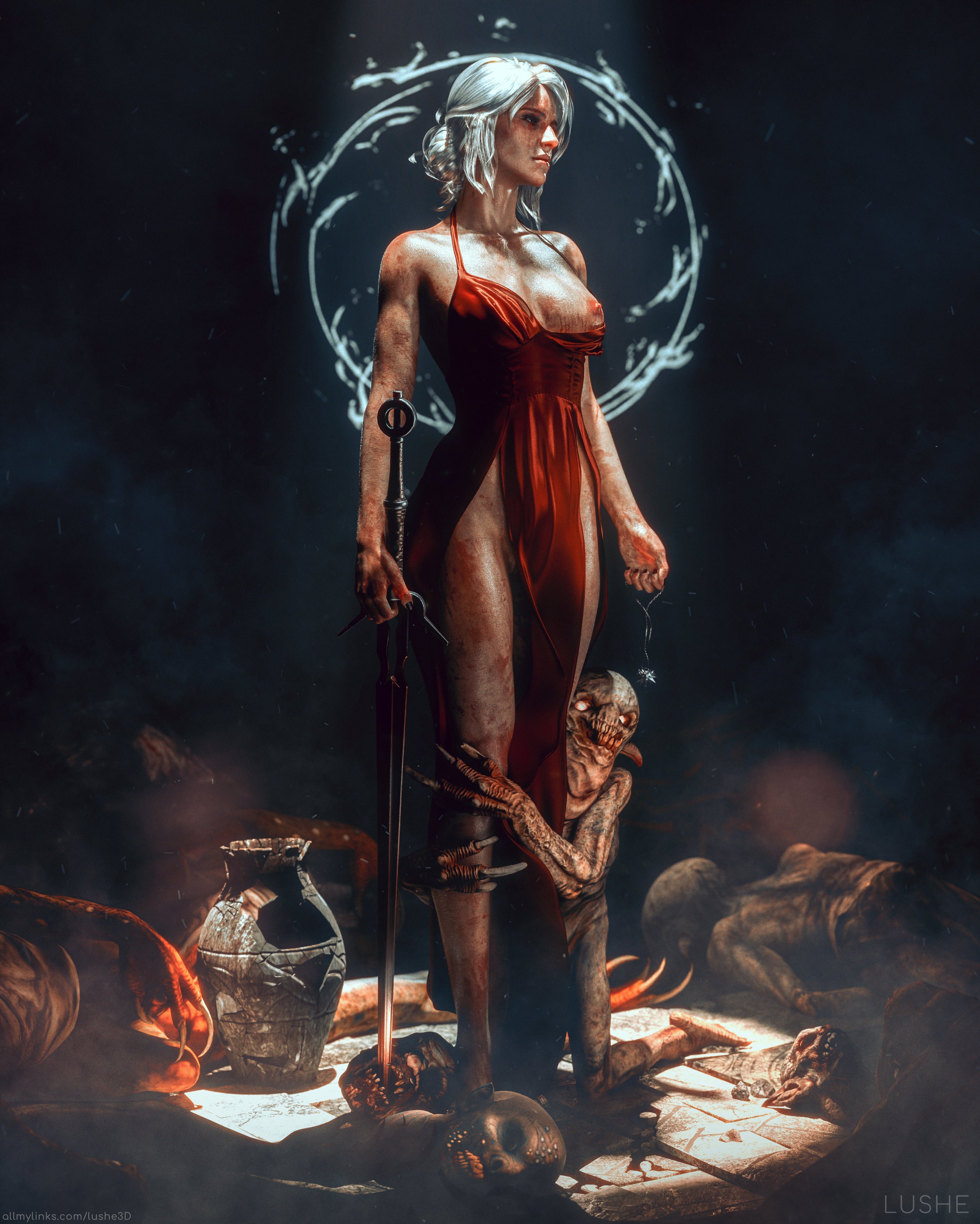 1girls, 1monster, 2025, 3d, areolae, black nail polish, breasts, cd projekt red, ciri, clitoral hood, clitoris, corpse, corpses, dirty, dirty body, dress, eyeshadow, female, female focus, green eyes, holding weapon, loincloth dress, long hair, lushe3d, medium breasts, nail polish, nipples, no panties, nopan, one breast out, painted nails, pussy, pussy peek, renaissance, silver hair, simple background, solo focus, standing, sword, the witcher (series), the witcher 3: wild hunt, tied hair, vulva