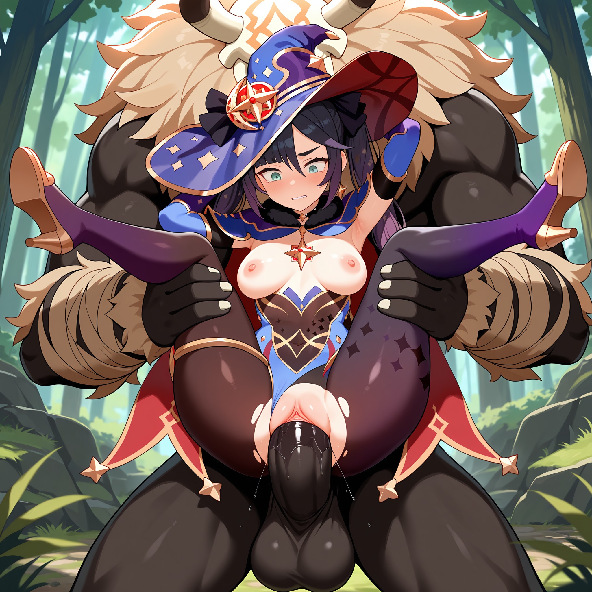 1boy, ai generated, armpits, arms behind head, arms up, balls, black hair, black skin, blue capelet, blue headwear, blue leotard, blush, bodystocking, breasts, breasts out, cape, capelet, choker, clenched teeth, clothed female nude male, clothed sex, clothing aside, colored skin, crescent hat ornament, dark skin, dark-skinned male, day, earrings, elbow gloves, erection, female, folded, forest, genshin impact, gloves, gold trim, gradient legwear, green eyes, hat, hat ornament, high heels, highleg, highleg leotard, hilichurls (species), horns, interspecies, jewelry, large penis, leg grab, legs up, leotard, leotard aside, long hair, looking down, male, medium breasts, mona (genshin impact), monster, muscular, muscular male, nature, nipples, nude, outdoors, pantyhose, penis, purple leotard, pussy, pussy juice, rape, reverse suspended congress, sex, sex from behind, size difference, solo focus, sparkle print, spread legs, standing, star (symbol), star earrings, straight, teeth, testicles, thighlet, thighs, torn clothes, torn leotard, torn pantyhose, tree, twintails, uncensored, vaginal penetration, wide-eyed, witch hat
