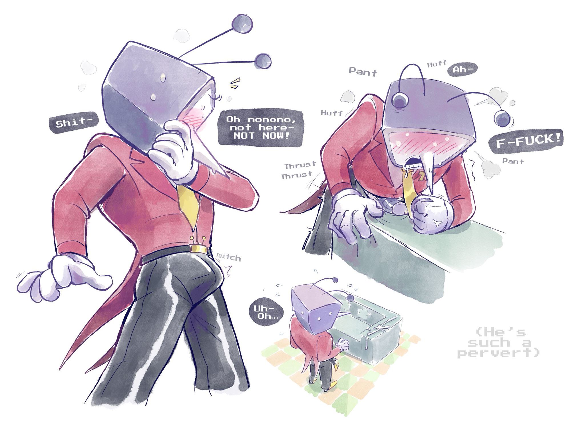couch, cum, deltarune, deltarune chapter 3, dialogue, english text, leecheenkussmut, male, male only, masturbation, tenna (deltarune), tv head, visible penis