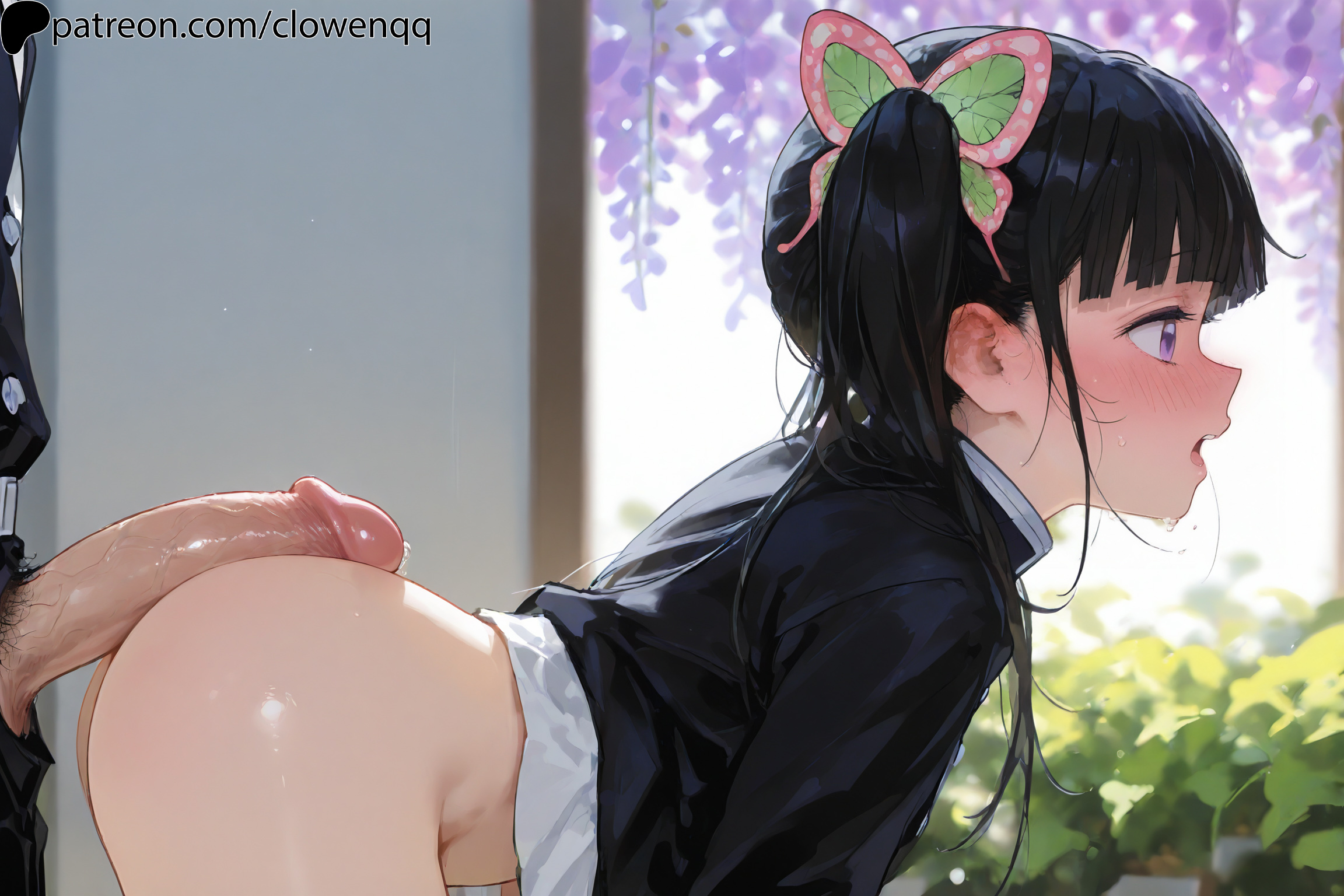 1boy, 1girls, ai assisted, ai generated, ass, bent over, black hair, blunt bangs, blush, bottomless, clowenqq, demon slayer, female, female focus, from side, full-face blush, hair ornament, imminent penetration, imminent sex, kimetsu no yaiba, male, male/female, no panties, open mouth, outdoors, penis, penis on ass, precum, purple eyes, side ponytail, tsuyuri kanao, uncensored
