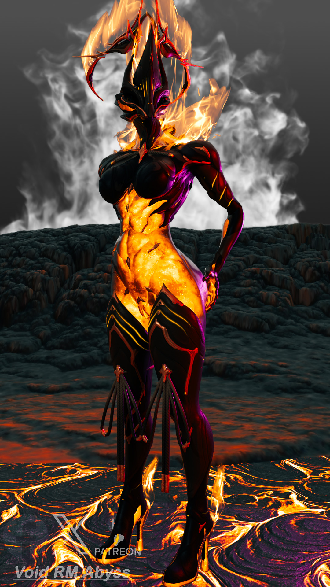 ass, ass focus, ass grab, ember (warframe), ember heirloom (warframe), front view, lava, lavagirl, no nude, patreon, solo, warframe