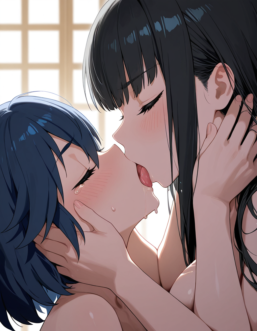 2girls, ai generated, black hair, blush, closed eyes, female, female only, french kiss, kill la kill, kiryuuin satsuki, kissing, matoi ryuuko, multiple females, multiple girls, naked, sisters, sloppy kiss, tongue, tongue out
