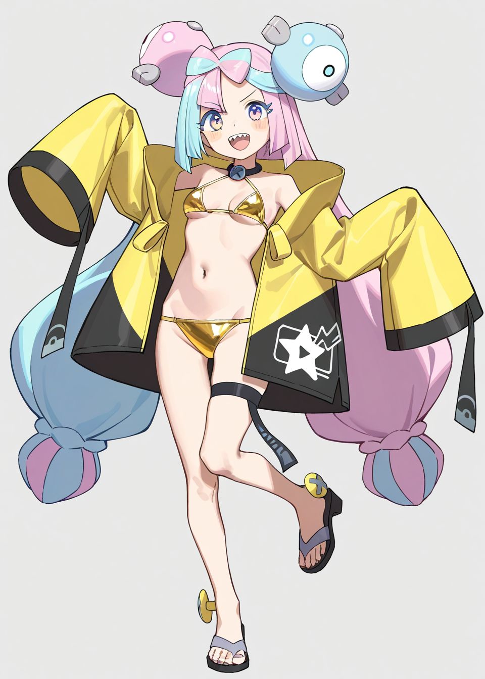 1girls, ai generated, artist request, bare shoulders, bikini, bikini bottom, blue hair, blush, bow, breasts, choker, clothed, clothing, coat, female, front view, game freak, gold bikini, golden bikini, golden week, hair ornament, happy, iono (pokemon), light skin, long hair, looking at viewer, navel, nintendo, one leg up, oversized clothes, pink hair, pokemon, pokemon sv, sandals, sharp teeth, small breasts, solo, standing, string bikini, twintails, upper teeth, very long hair