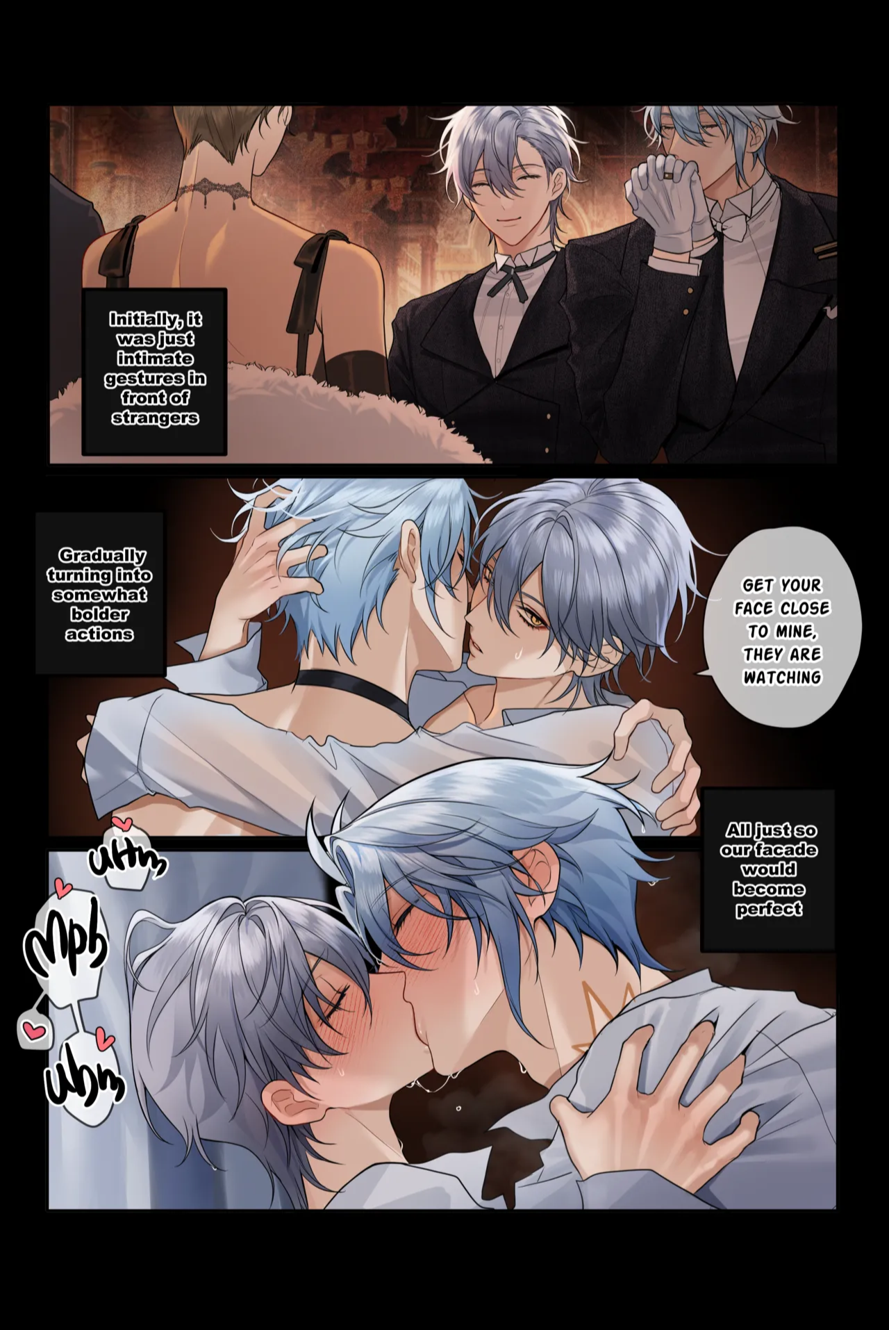 2boys, blue hair, blush, caelus (honkai: star rail), colored, dominant male, english text, gay, grey hair, honkai: star rail, kissing, lie, light skin, male, male only, male/male, moaning, moaning in pleasure, only male, pcrow, pcrow (twitter), phainon (honkai: star rail), serious look, smile, submissive male, yaoi, yellow eyes
