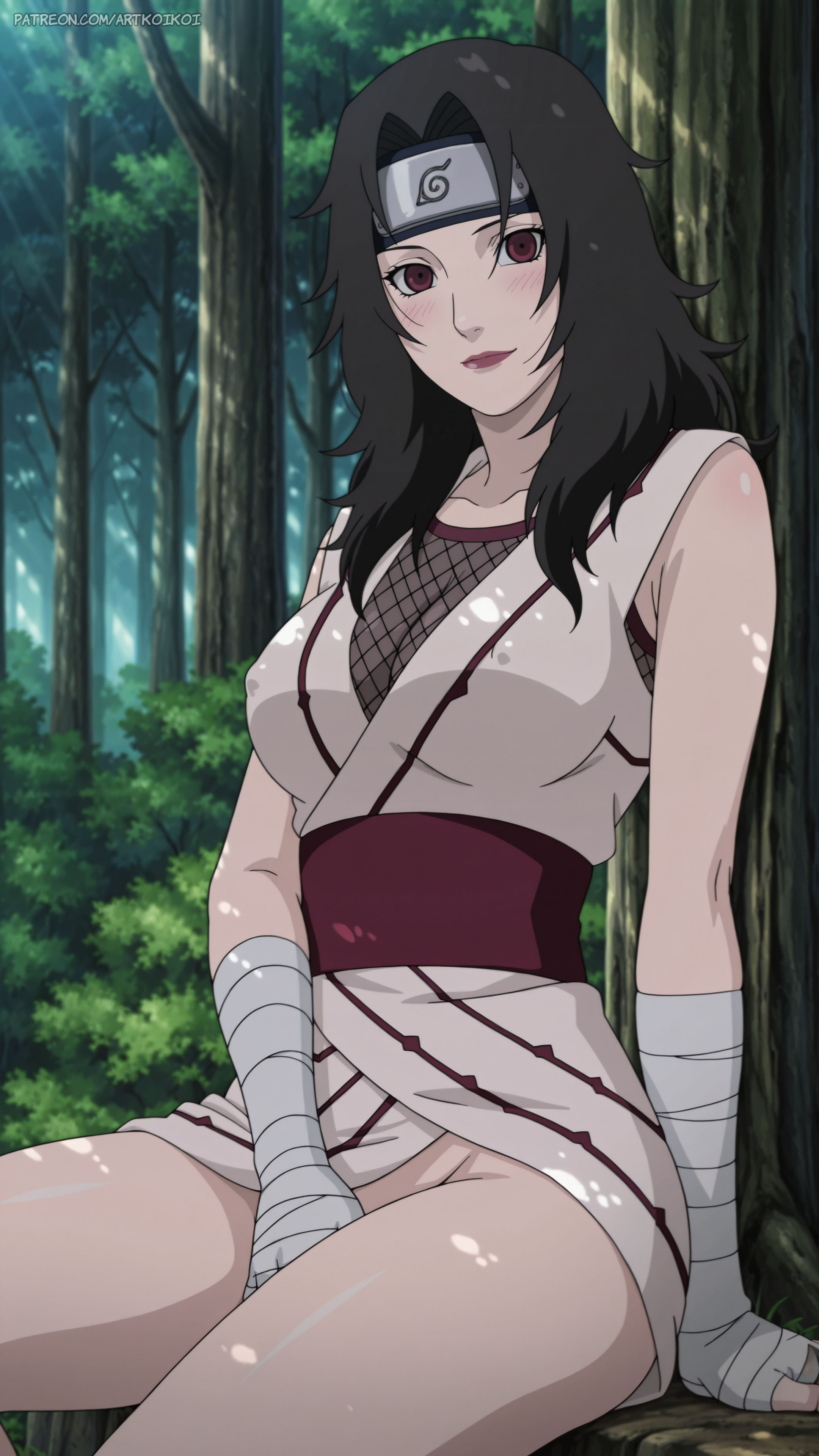 1girls, against tree, ai generated, arm support, artist name, big breasts, breasts, bursting breasts, center opening, child bearing hips, cleavage, cleavage overflow, curvaceous, curvy, curvy body, curvy female, curvy figure, dress, female, female only, forest, front view, hand between legs, huge breasts, implied masturbation, indoors, kunoichi, kurenai yuhi, large breasts, light skin, light-skinned female, lingerie, lipstick, long hair, looking at viewer, makeup, masturbation, mature, mature female, milf, nai diffusion, naruto, naruto (series), naruto shippuden, ninja, nipples, no panties, oppai, outdoors, pinup, red eyes, red lipstick, revealing clothes, shoulder length hair, sitting, skimpy, skimpy clothes, slim waist, solo, solo focus, standing, thick thighs, thighs, upper body, url, web address, wide hips, yuuhi kurenai