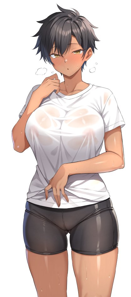 bike shorts, black hair, black shorts, breasts, breath, collarbone, covered erect nipples, female, gluteal fold, large breasts, original, ranhatu, shirt, short hair, short sleeves, shorts, solo, sweat, sweaty clothes, tan, tomboy, very short hair, white background, white shirt, yellow eyes