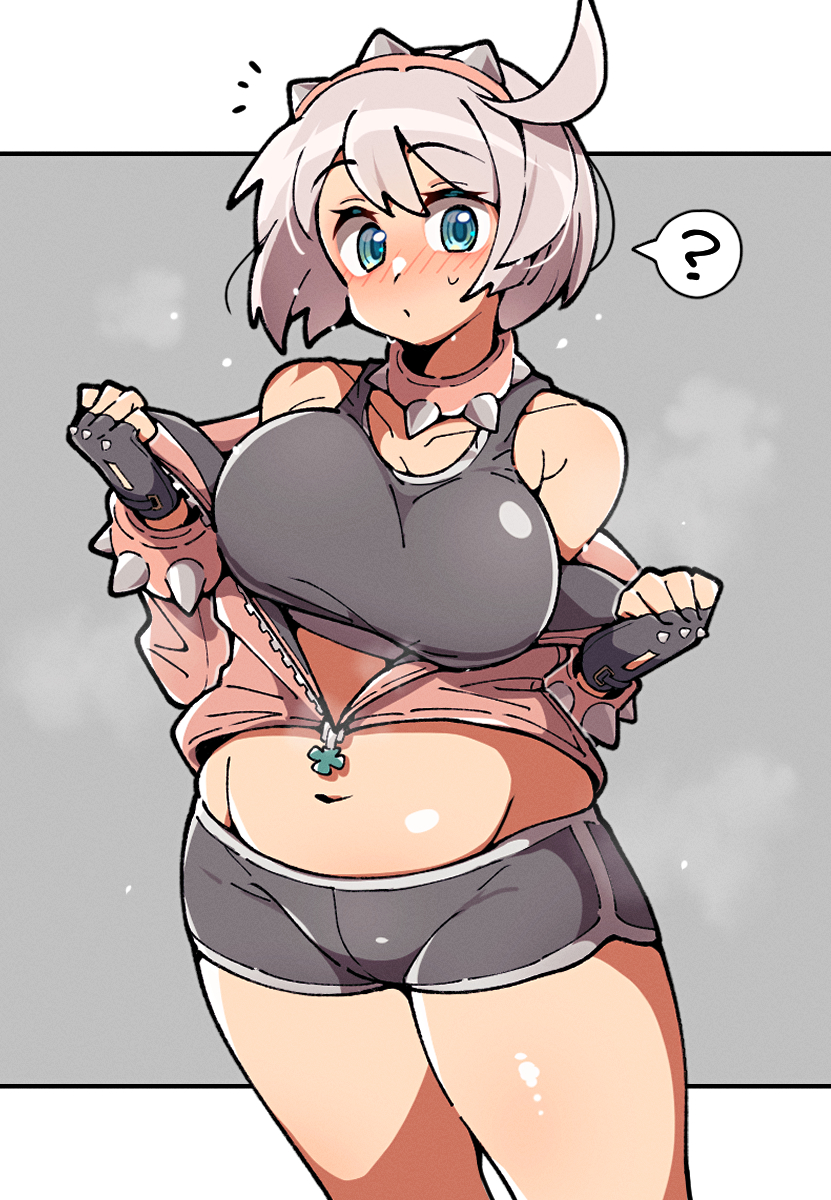 ahoge, big breasts, blue eyes, breasts, dolphin shorts, elphelt valentine, female, guilty gear, guilty gear strive, itsuka neru, midriff, spiked collar, sports bra, sweat, sweaty, thick thighs, thighs, tummy, white hair