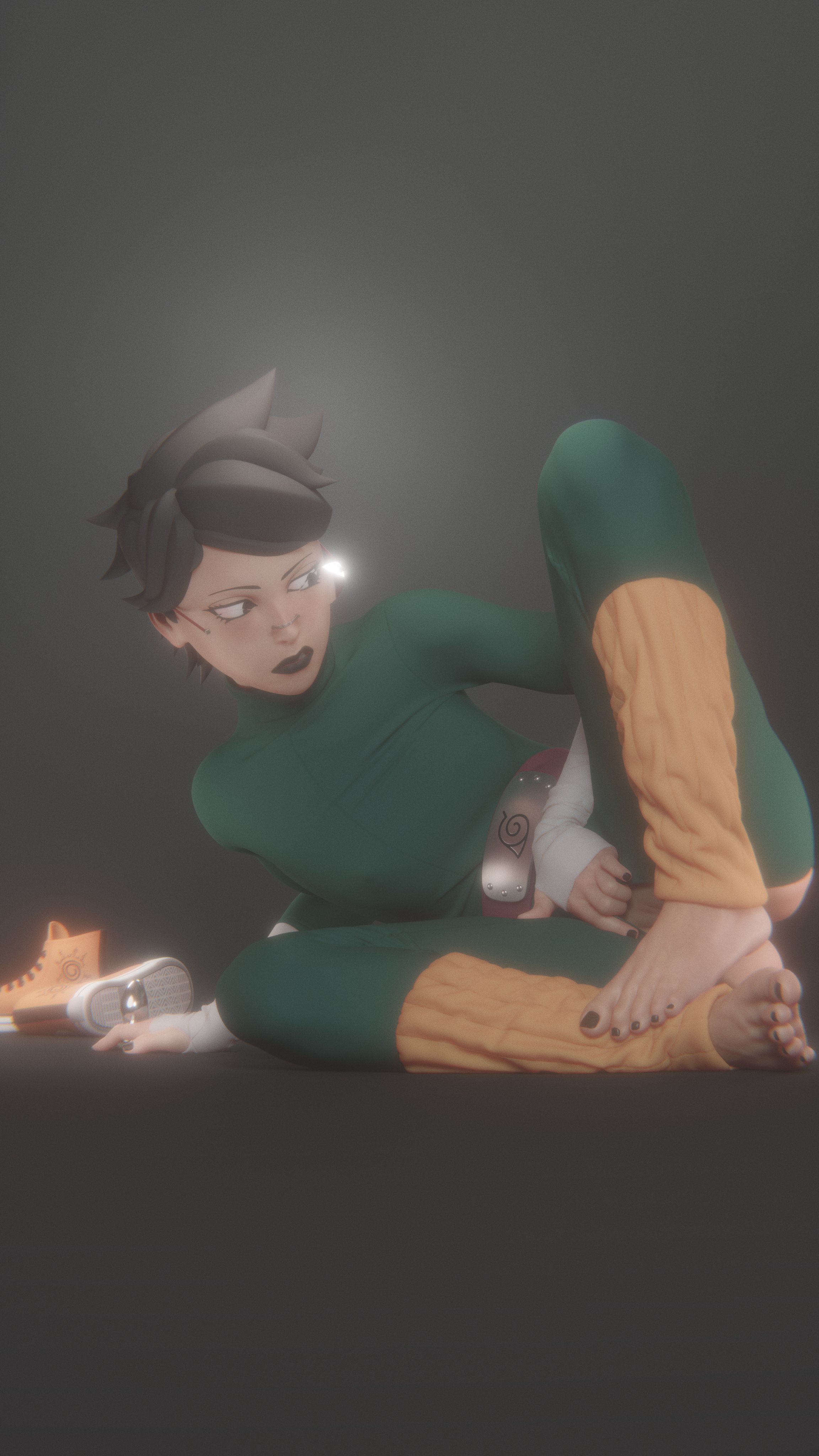 3d, black hair, black lipstick, black nails, boruto: two blue vortex, clothed, exposed pussy, feet, female, female only, light skin, light-skinned female, lipstick, naruto, naruto (series), ninja headband, painted toenails, pussy, sarada uchiha, training, valenok