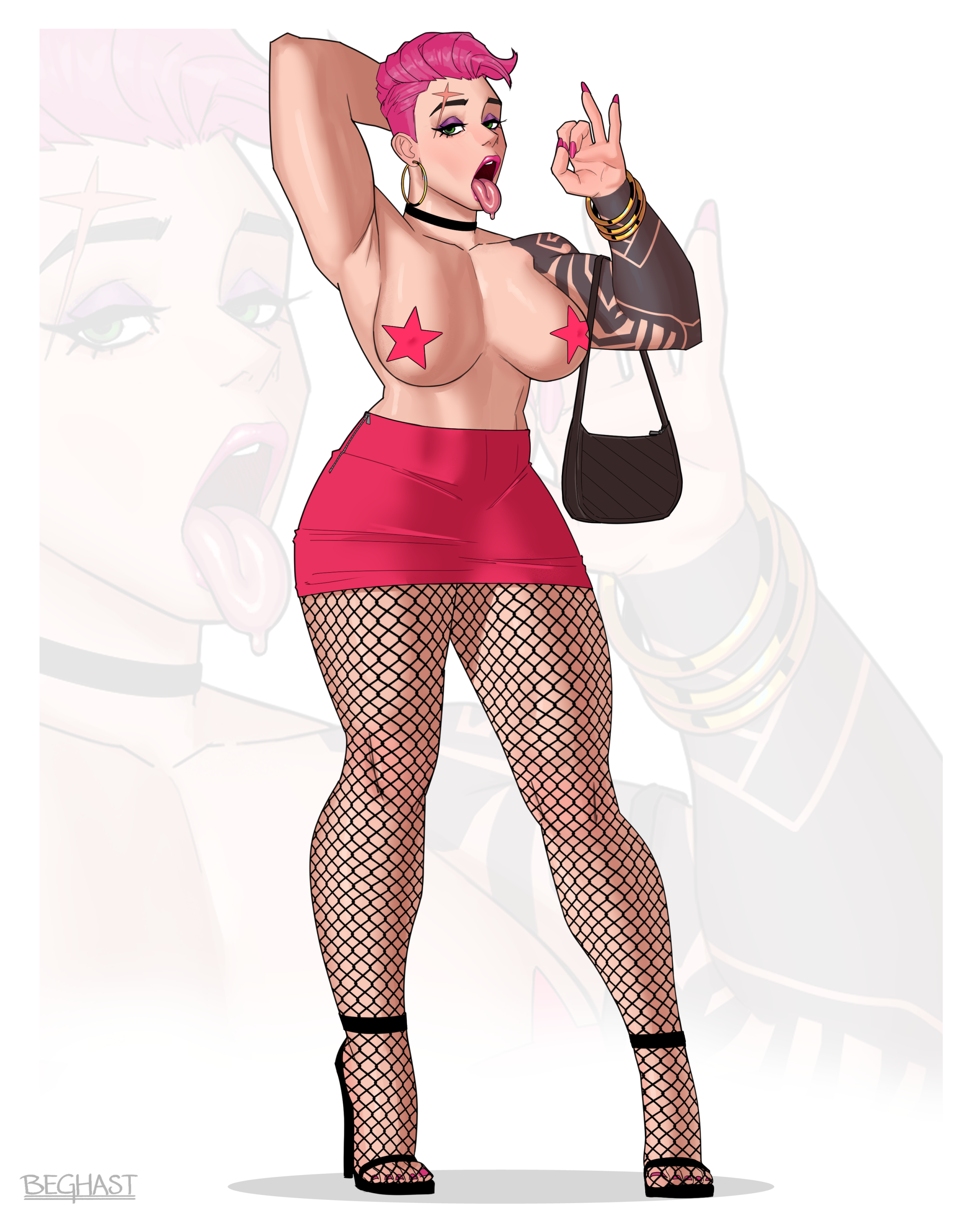 1girls, 2025, 2d, 2d (artwork), armpits, arms behind head, arms up, artist name, beghast, buff, close-up, curvy, earrings, fellatio gesture, female, female only, fishnets, ghasta, heroine, high heels, high resolution, highres, hoop earrings, inviting, jewelry, light skin, light-skinned female, long fingernails, looking at viewer, miniskirt, muscular, muscular female, nail polish, nipple pasties, no sex, open mouth, oral invitation, overwatch, overwatch 2, painted fingernails, painted nails, painted toenails, pasties, pink hair, prostitution, russian, russian female, skirt, star pasties, stockings, tattoo, thick legs, thick thighs, tomboy, tomboy feminized, tongue, tongue out, very high heels, video game character, white border, zarya