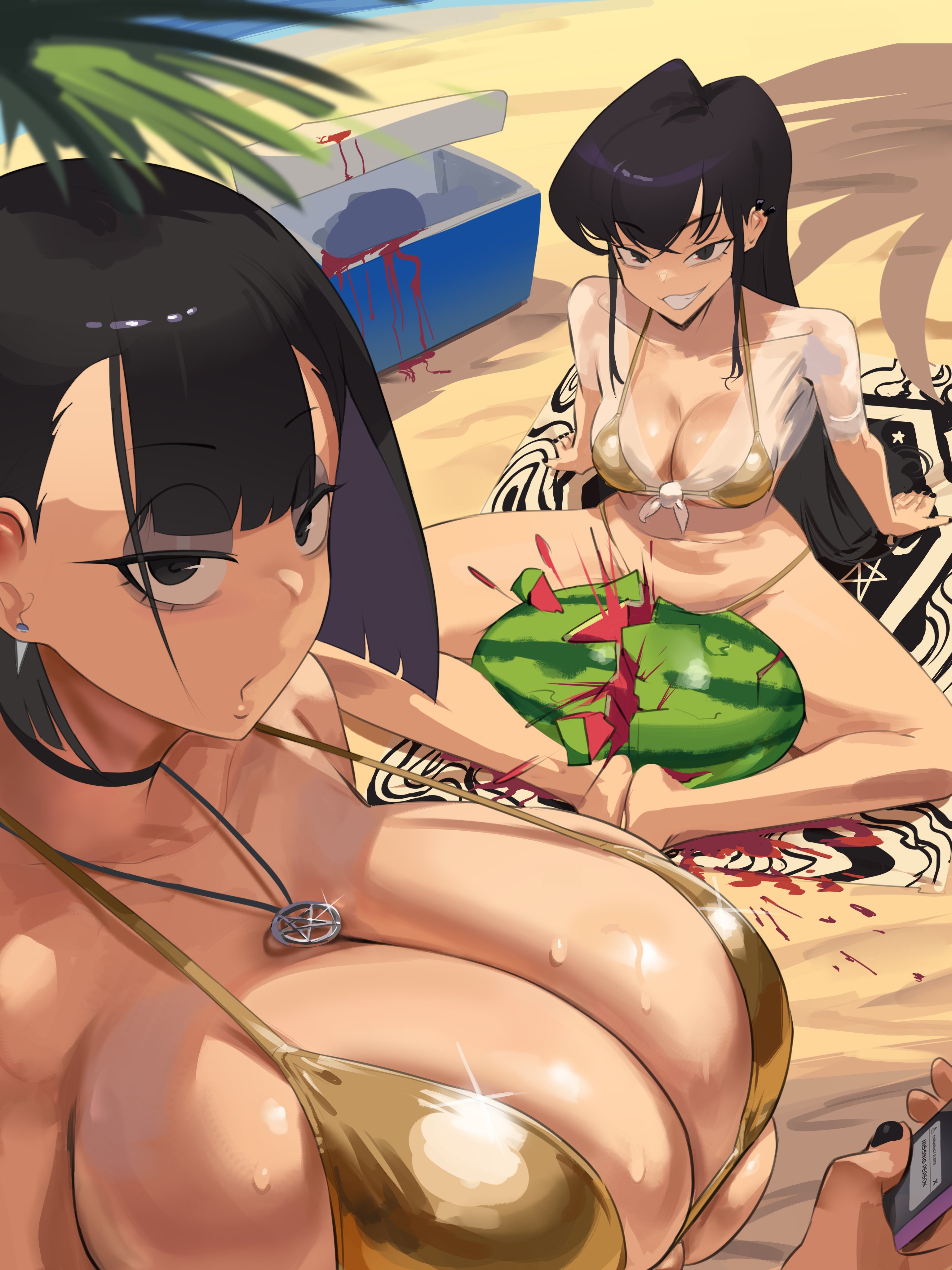 2girls, beach, big breasts, bikini, black hair, blood stain, booruguru, breasts, breasts bigger than head, cellphone, collar, fat breasts, female, flat belly, food, gold bikini, golden bikini, goth (booruguru), huge breasts, ice, large breasts, light skin, light-skinned female, long hair, looking at partner, murderer, original, palm tree, sand, short hair, sleaze (booruguru), smug, smug face, sweat, sweatdrop, sweating, sweaty, sweaty breasts, swimsuit, thick thighs, thigh crushing, thunder thighs, top heavy, venus body, voluptuous, voluptuous female, watermelon, watermelon crushing, wide hips