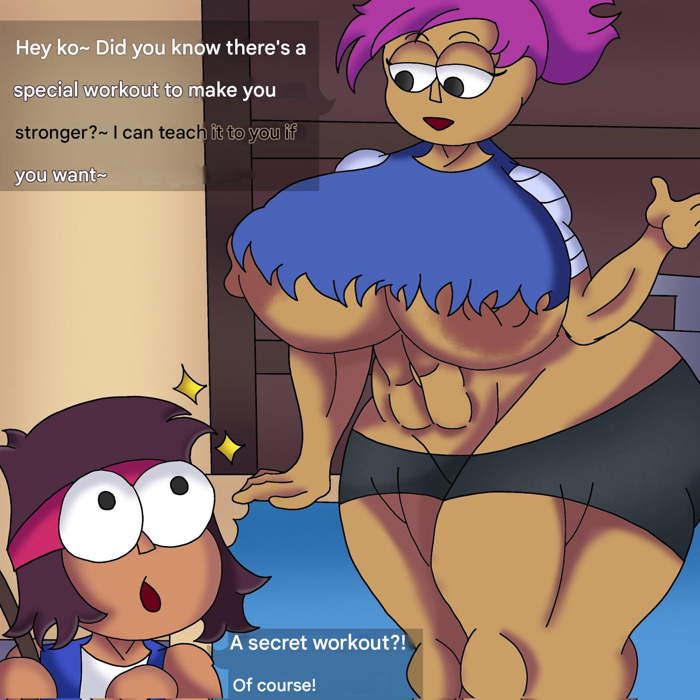 1boy, 1girls, abraham mega, ass, black shorts, blue shirt, breasts, enid, enid (ok k.o.! lbh), excited face, excited male, female, flirting, k.o. (ok k.o.! let's be heroes), large ass, large breasts, male, male/female, muscular, muscular female, muscular thighs, ok k.o.! let's be heroes, purple hair, smaller male, taller female