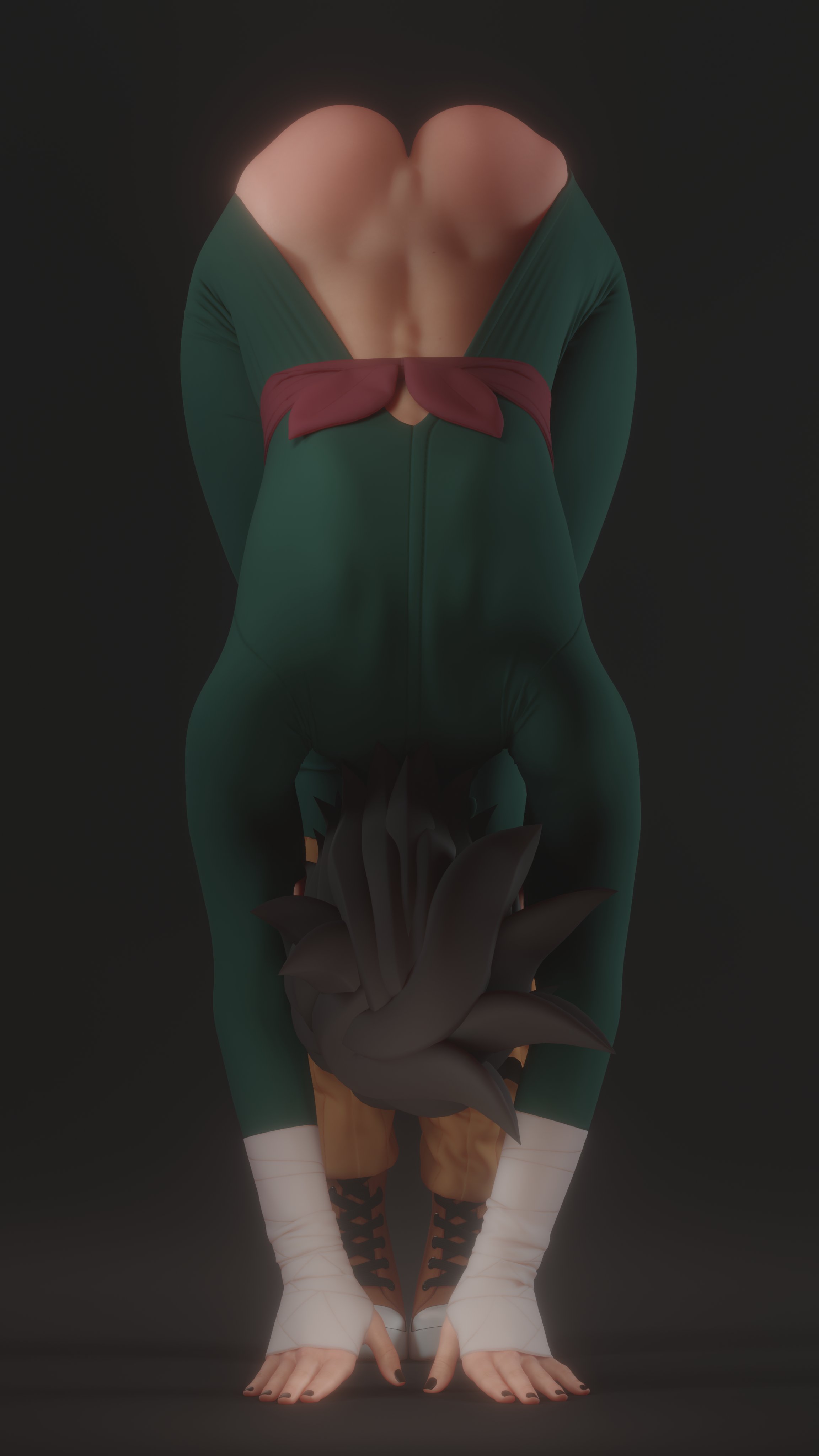 3d, ass, ass up, black hair, black lipstick, black nails, boruto: two blue vortex, clothed, exposed ass, exposed pussy, female, female only, flexible, light skin, light-skinned female, lipstick, naruto, naruto (series), ninja headband, pussy, sarada uchiha, stretching, training, valenok