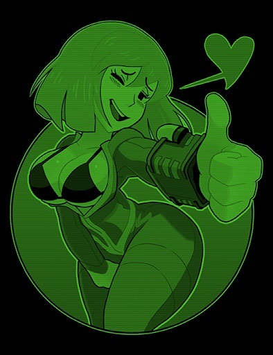 bikini top, blonde hair, blush, bodysuit, breasts, cleavage, fallout, fallout 4, female, gashi-gashi, gesture, human, large breasts, mob face, pip-boy, short hair, solo, standing, thumbs up, vault girl, vault suit, wink