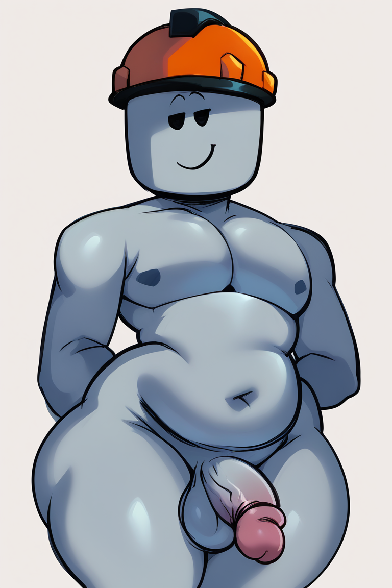 1boy ai_generated builderman flaccid grey_body grey_skin hands_behind_back hardhat male male_focus male_only naked naked_male nipples nude nude_male penis roblox robloxian slightly_chubby slightly_chubby_male smug smug_face solo solo_focus solo_male thick_thighs voluptuous voluptuous_male