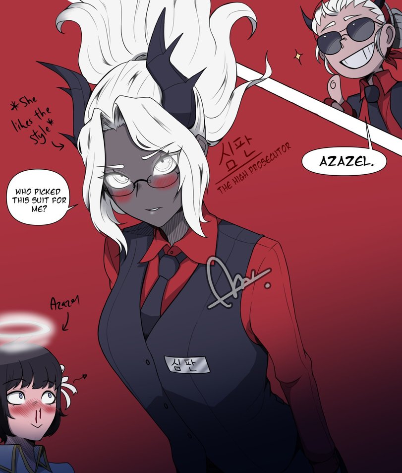 3girls azazel_(helltaker) blind blush demon_girl demon_horns english_text glasses helltaker judgement_(helltaker) justice_(helltaker) k3nnyn3v nosebleed official_alternate_costume simple_background sunglasses t-shirt tie white_eyes white_hair