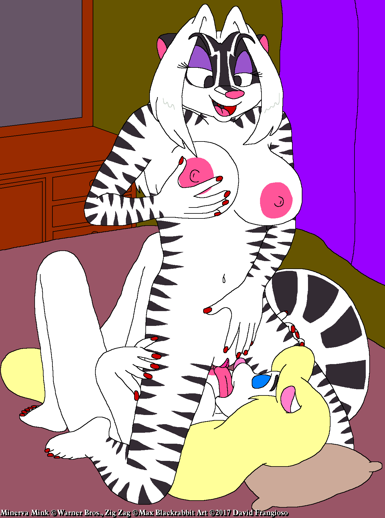 2017 animaniacs anthro areola bed big_breasts breasts clitoris cunnilingus david_frangioso facesitting female grope hybrid licking mammal minerva_mink mink ms_paint mustelid navel nipples nude oral pussy sex skunk straddling tigerskunk tongue tongue_out vaginal_penetration yuri zig_zag