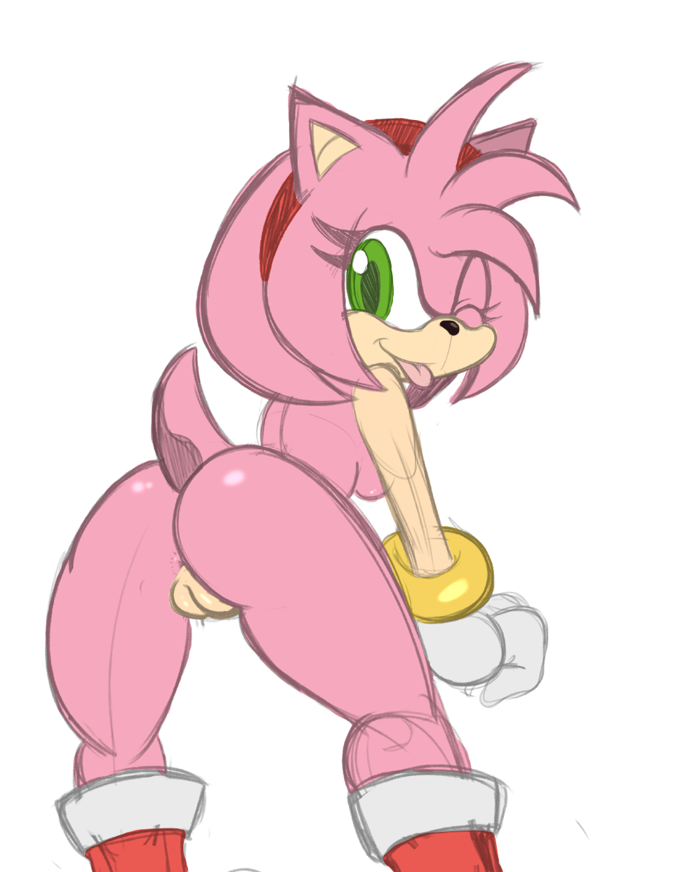 amy_rose anthro anus ass big_butt big_eyes breasts female footwear fur furry furry_only handwear hedgehog looking_back mammal mostly_nude naked nude one_eye_closed pawtsun presenting presenting_hindquarters presenting_pussy pussy sideboob simple_background sonic_(series) tail thick_thighs tongue tongue_out toony white_background wink