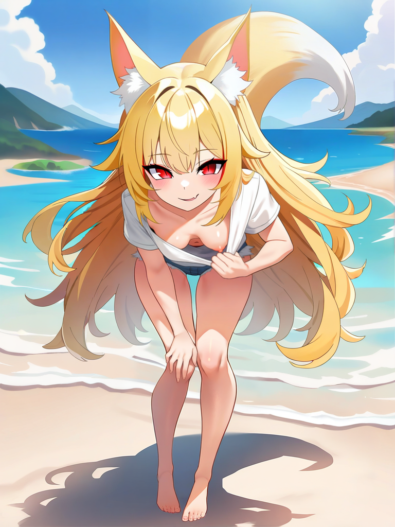 1girl ai_generated barefoot beach bent_forward bent_over blonde_hair denim denim_shorts down_blouse female flashing flashing_breasts fox_ears fox_girl fox_tail hands_on_knee hanging_breasts inner_ear_fluff long_hair looking_at_viewer navel nipples no_bra ocean oerba_yun_fang red_eyes seductive_smile shirt_pull short_shorts small_breasts solo white_shirt zorkpics