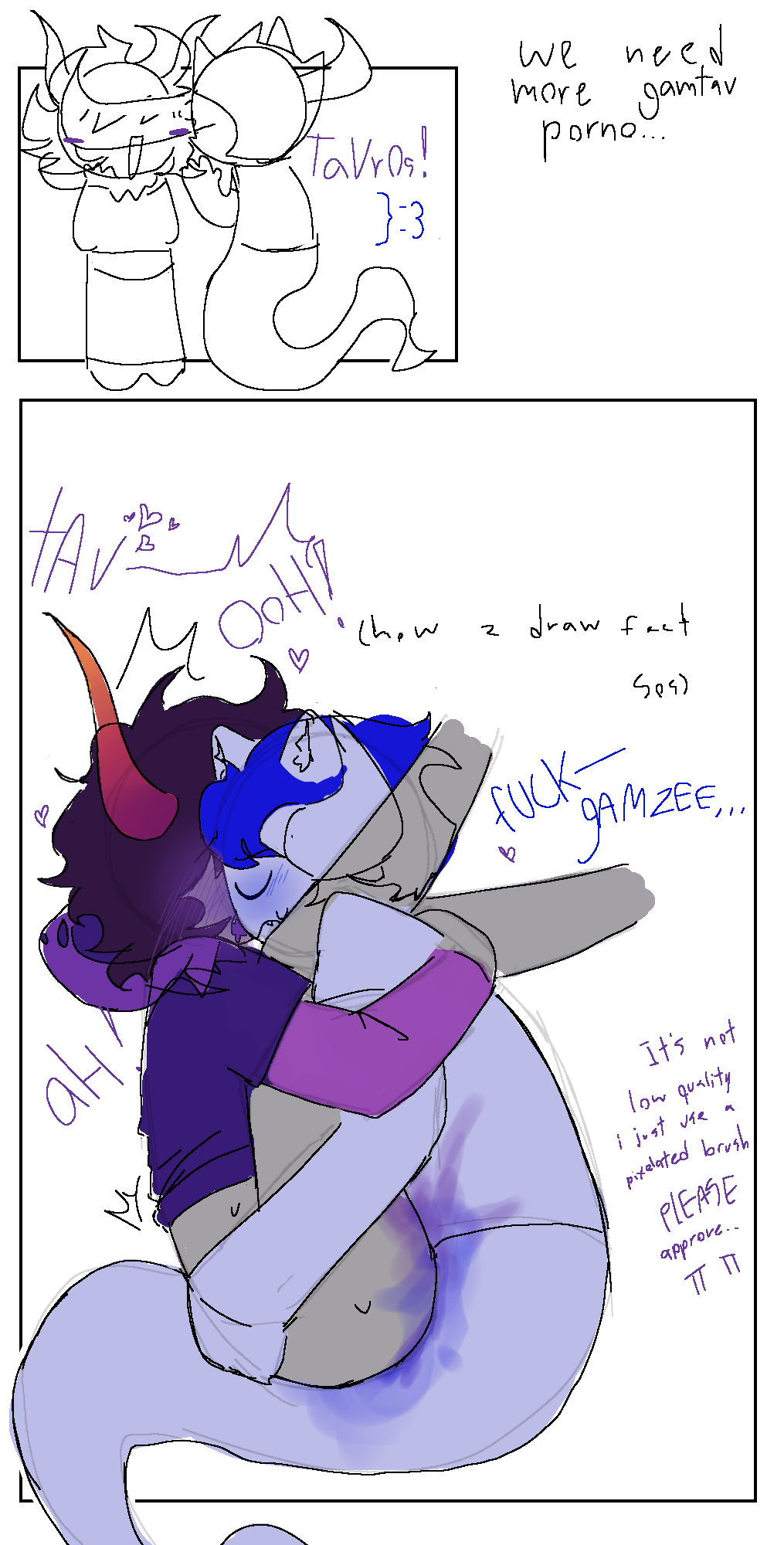 2boys better_version_at_source blushing cat_ears closed_eyes consensual gamzee_makara gcatavrosprite god_tier_outfit gray_skin heart_symbol holding_legs homestuck homestuck_troll horns in_love mutual_pleasure no_visible_genitalia open_mouth reunion s0diie self_upload tavros_nitram tentabulge