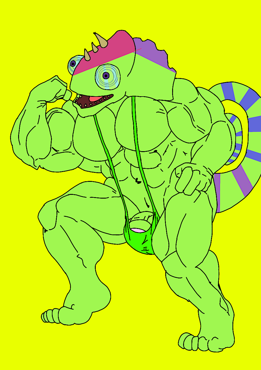 1boy 1male almost_naked anthro anthro_on_anthro bara biceps big_blue_bubble blue_sclera buff bulge bulge_through_clothing bulge_through_swimsuit bulge_through_underwear bulge_under_clothes bulge_under_swimsuit chameleon chameleon_humanoid chameleon_tail color colored colored_skin colored_tail ethereal ethereal_island ethereal_monster flex flexing flexing_arm flexing_muscles gay green_body green_mankini green_skin green_thong kazilleon kazilleon_(my_singing_monsters) lime_background lizard mankini msm muscular muscular_male my_singing_monsters my_singing_monsters:_dawn_of_fire pecs penis purple_eyes purple_pupils sexy smiling thong traced traced_art yellow_background