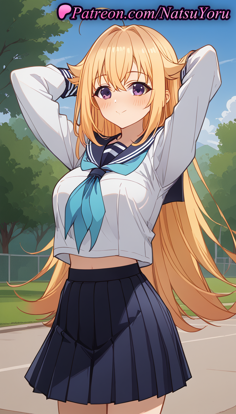 1girls ahoge ai_generated anime anime_style arms_behind_head arms_up bangs black_skirt blonde_hair blue_neckerchief blue_sailor_collar blue_skirt blue_sky blush breasts bust busty closed_mouth cowboy_shot crop_top crop_top_overhang day female female_focus female_only hair_flaps hair_intakes hentai koshi_torako large_breasts long_hair long_sleeves looking_at_viewer midriff midriff_peek miniskirt my_deer_friend_nokotan natsuyoru navel neckerchief outdoors pleated_skirt purple_eyes sailor_collar sailor_uniform school_uniform serafuku shikanoko_nokonoko_koshitantan shirt shirt_overhang skirt sky smile solo solo_female standing thighs tree very_long_hair voluptuous voluptuous_female white_shirt