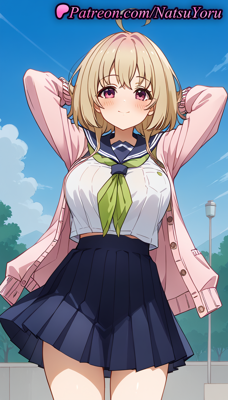 1girls ahoge ai_generated anime anime_style arms_behind_head arms_up bangs blonde_hair blue_sailor_collar blue_skirt blue_sky blush breast_pocket breasts bust busty cardigan closed_mouth cloud cowboy_shot day female female_focus female_only green_neckerchief hentai high-waist_skirt lamppost large_breasts light_brown_hair long_sleeves looking_at_viewer medium_hair midriff_peek my_deer_friend_nokotan natsuyoru neckerchief open_cardigan open_clothes outdoors pink_cardigan pink_eyes pleated_skirt pocket purple_eyes red_eyes sailor_collar sailor_uniform school_uniform serafuku shikanoko_nokonoko_koshitantan shirt short_hair skirt sky smile solo solo_female tanukikouji_kinu thighs voluptuous voluptuous_female white_shirt