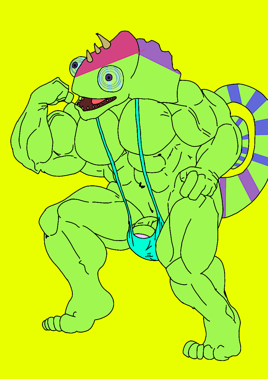 1boy 1male almost_naked anthro anthro_on_anthro bara biceps big_blue_bubble blue_mankini blue_sclera blue_thong buff bulge bulge_through_clothing bulge_through_swimsuit bulge_through_underwear bulge_under_clothes bulge_under_swimsuit chameleon chameleon_humanoid chameleon_tail color colored colored_skin colored_tail ethereal ethereal_island ethereal_monster flex flexing flexing_arm flexing_muscles gay green_body green_skin kazilleon kazilleon_(my_singing_monsters) lime_background lizard mankini msm muscular muscular_male my_singing_monsters my_singing_monsters:_dawn_of_fire pecs penis purple_eyes purple_pupils sexy smiling thong traced traced_art yellow_background