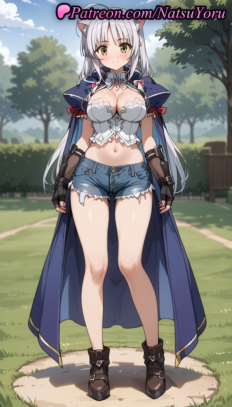 1girls ahoge ai_generated animal_ears anime anime_style ankle_boots bangs bare_legs black_gloves blue_cape blue_shorts blurry blurry_background blush boots bow breasts brown_eyes brown_footwear brown_gloves bust bustier busty cape cat_ears cleavage cloak closed_mouth cloud crop_top cutoffs day denim denim_shorts dog_days female female_focus female_only fingerless_gloves full_body gloves grass grey_hair hat hentai large_breasts legs leonmitchelli_galette_des_rois long_hair looking_at_viewer low_twintails midriff natsuyoru navel outdoors puffy_short_sleeves puffy_sleeves short_shorts short_sleeves shorts silver_hair sky smile solo solo_female standing stomach thighs tree twintails very_long_hair voluptuous voluptuous_female white_hair yellow_eyes