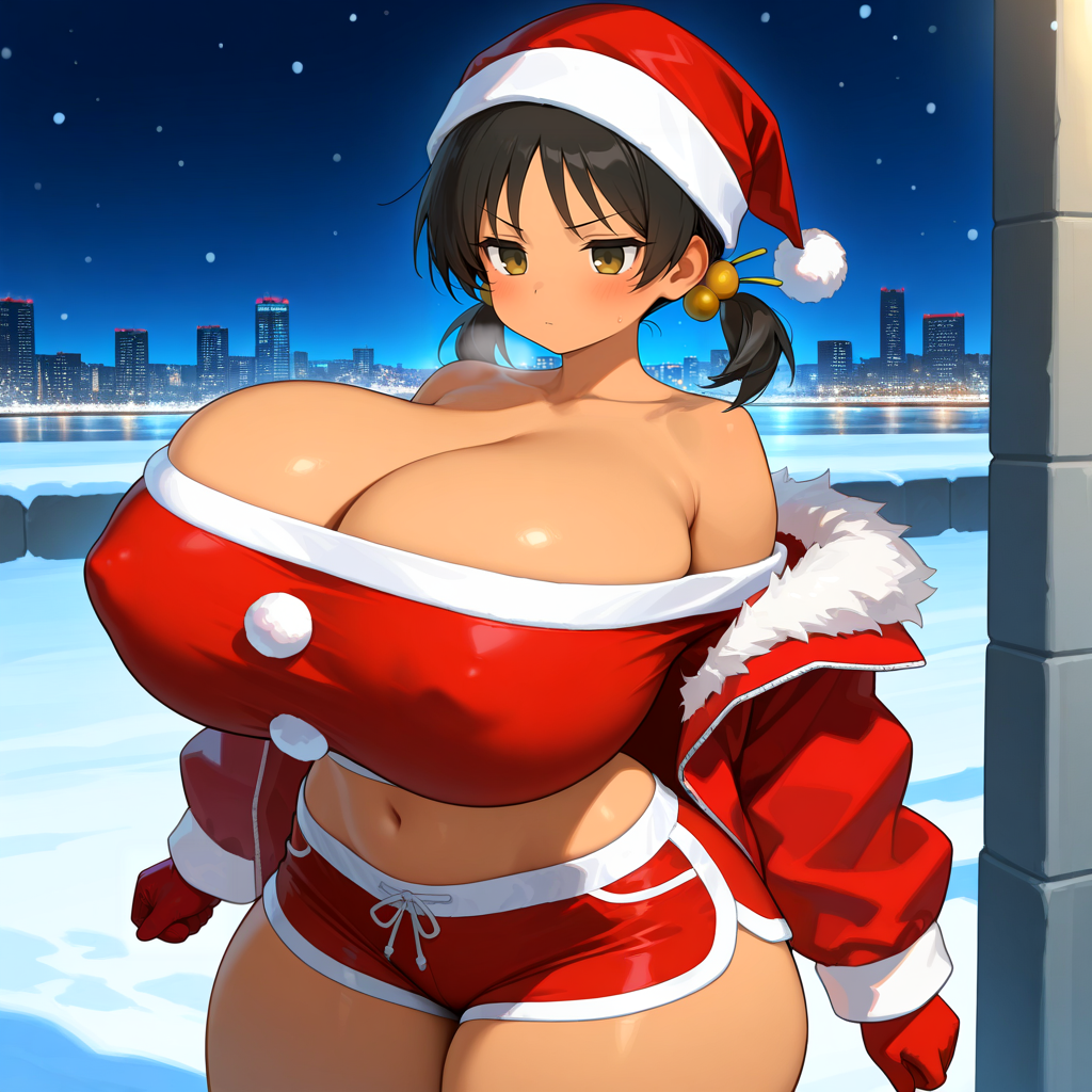 aroused blush christmas crop_top expressionless fur_trim gigantic_breasts gloves jacket kaai_yuki nipple_bulge off-shoulder_jacket off_shoulder shorts thick_thighs v-shaped_eyebrows vocaloid wide_hips