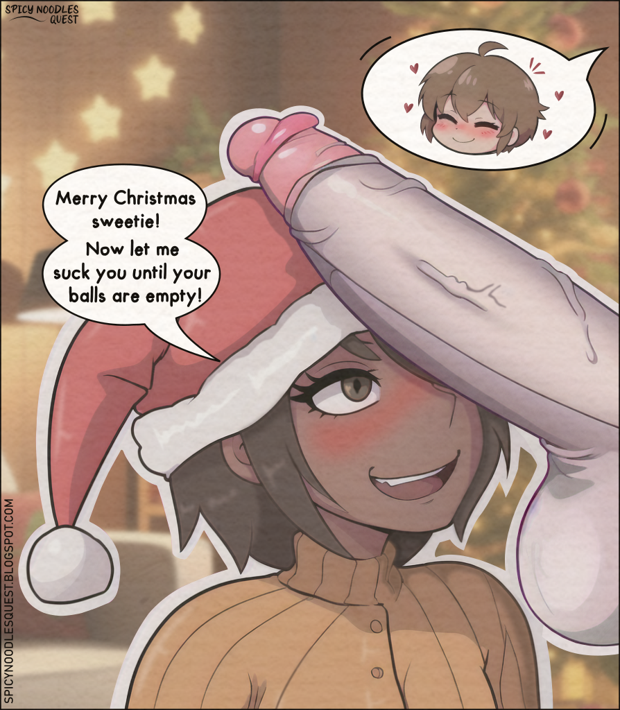 2d 2d_(artwork) ai_assisted balls before_oral before_sex big_penis brown_eyes brown_hair chibi christmas christmas_clothing christmas_headwear christmas_outfit circumcised color dark-skinned_female dark_skin dialogue dirty_talk horny huge_cock noodles(spicynoodlesquest) original penis provocative spicy(spicynoodlesquest) spicynoodlesquest text uncensored veiny_penis