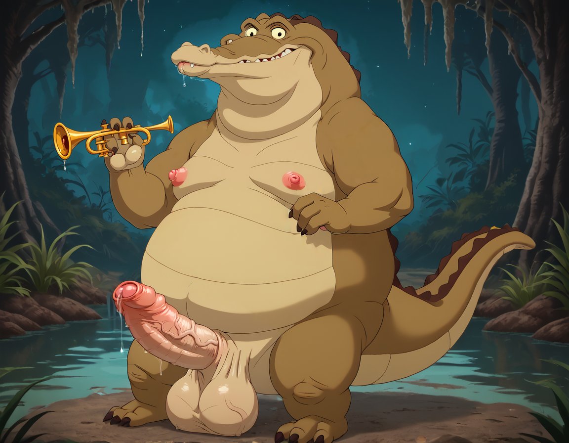 1boy 1male 3_toes ai_generated alligator anthro balls big_balls big_muscles big_nipples big_penis big_testicles booster_rex chubby chubby_anthro chubby_male completely_nude completely_nude_male crocodile daddy disney erect_nipples foreskin forest furry furry_male holding_object huge_balls huge_cock huge_muscles huge_testicles looking_at_viewer louis_(the_princess_and_the_frog) male male_only muscles muscular muscular_anthro muscular_male night nipples nude penis precum reptile saliva scalie sharp_teeth solo tail testicles the_princess_and_the_frog tree veiny_penis