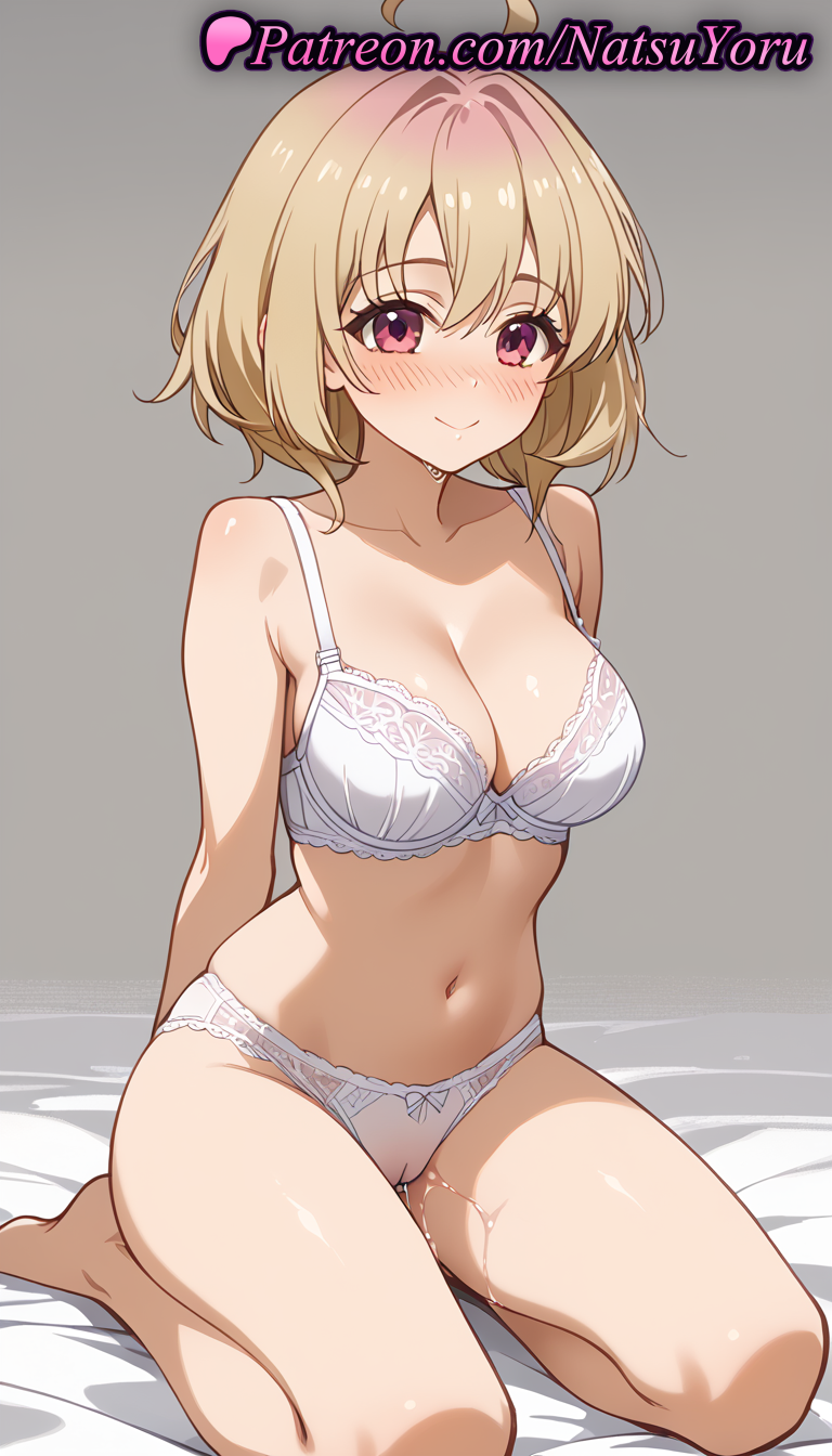 1girls ahoge ai_generated anime anime_style arms_behind_back asian bangs bare_arms bare_legs bare_shoulders barefoot bed_sheet blonde_hair blush bow_bra bow_panties bra breasts bust busty cameltoe cleavage closed_mouth collarbone female female_focus female_only full_body grey_background hentai kneeling large_breasts lingerie looking_at_viewer medium_breasts my_deer_friend_nokotan natsuyoru navel nose_blush on_bed panties pantsu pussy pussy_juice pussy_juice_drip_through_clothes pussy_juice_stain red_eyes seiza short_hair simple_background sitting smile solo solo_female stomach tanukikouji_kinu thighs underwear underwear_only voluptuous voluptuous_female white_bra white_panties white_sheets