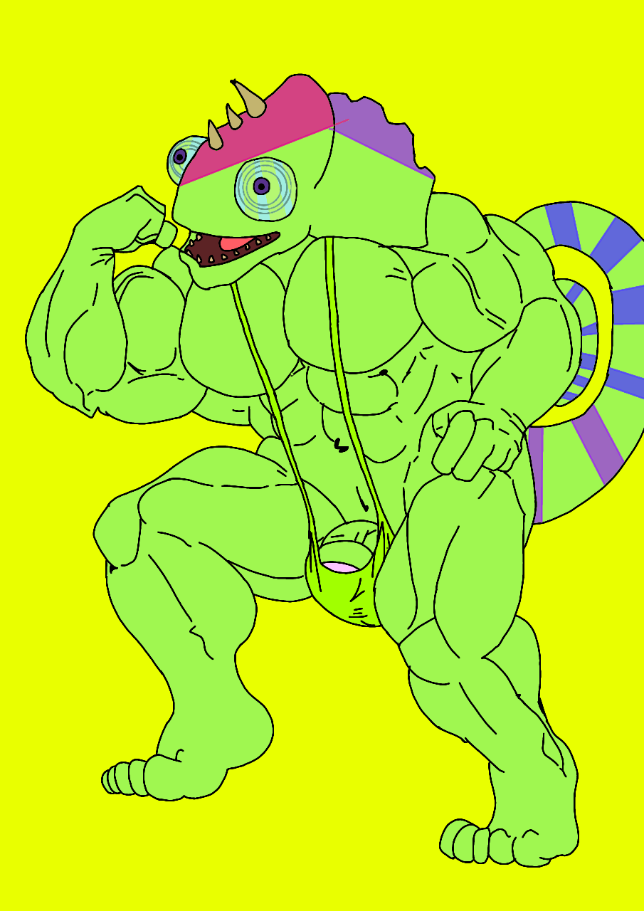 1boy 1male almost_naked anthro anthro_on_anthro bara biceps big_blue_bubble blue_sclera buff bulge bulge_through_clothing bulge_through_swimsuit bulge_through_underwear bulge_under_clothes bulge_under_swimsuit chameleon chameleon_humanoid chameleon_tail color colored colored_skin colored_tail ethereal ethereal_island ethereal_monster flex flexing flexing_arm flexing_muscles gay green_body green_mankini green_skin green_thong kazilleon kazilleon_(my_singing_monsters) lime_background lizard mankini msm muscular muscular_male my_singing_monsters my_singing_monsters:_dawn_of_fire pecs penis purple_eyes purple_pupils sexy smiling thong traced traced_art yellow_background