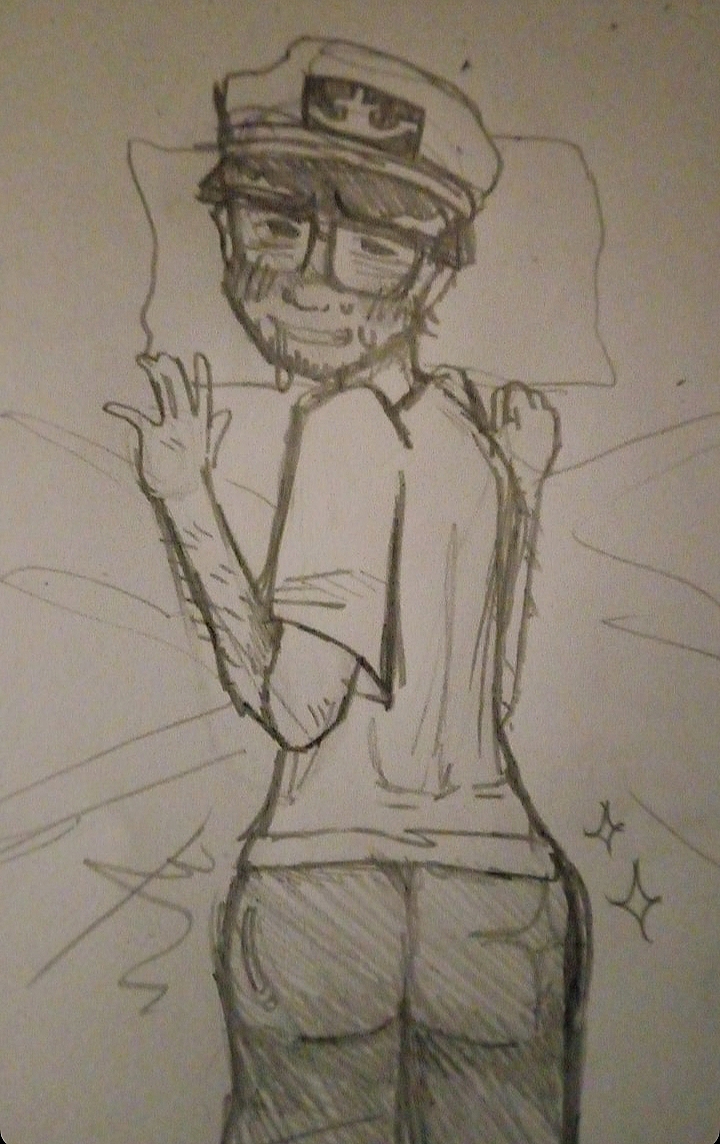 1boy beard captains_hat clothed glasses innocent joshua_block laying_on_stomach lolcow sfw solo tiktok tiktoker traditional_media_(artwork) worldoftshirts