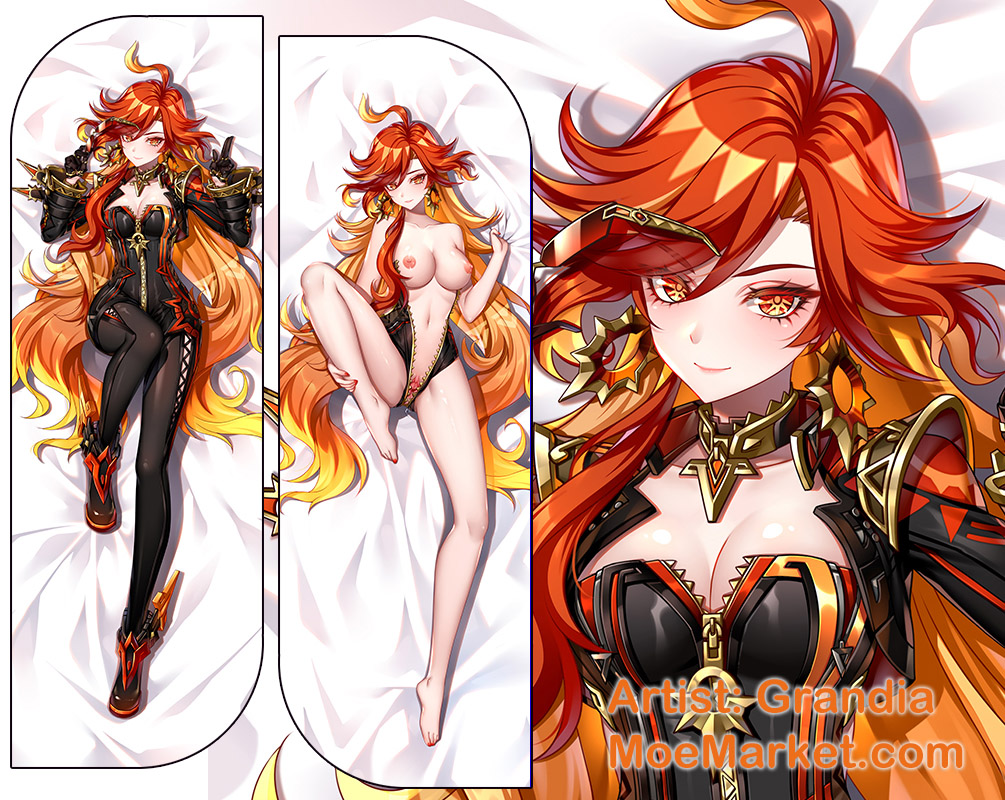 body bodysuit breasts dakimakura dakimakura_design genshin_impact gloves long_hair mavuika_(genshin_impact) red_hair