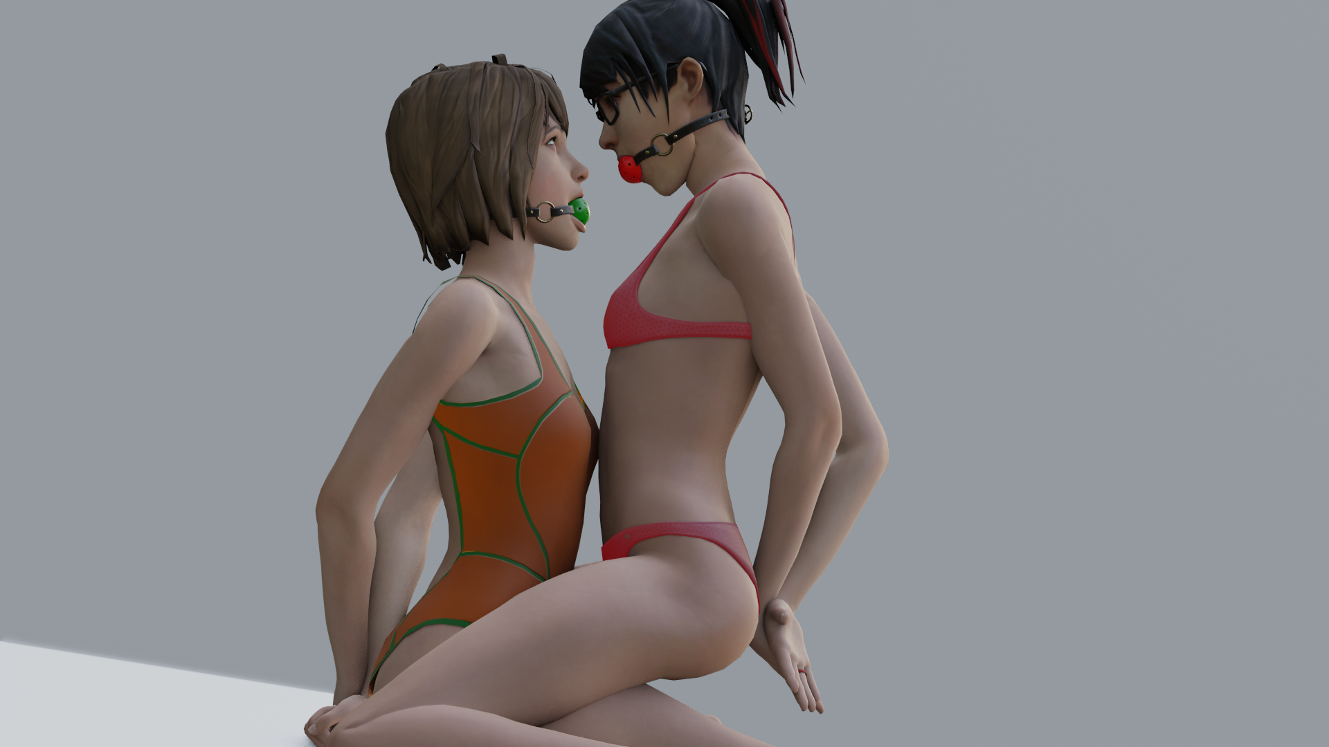 2girls, 3d, arms behind back, ball gag, bikini, black hair, bondage, bound together, brooke scott, female, female only, gag, gagged, glasses, hapsters1, life is strange, max caulfield, one-piece swimsuit, orange one-piece swimsuit, pink bikini, swimsuit