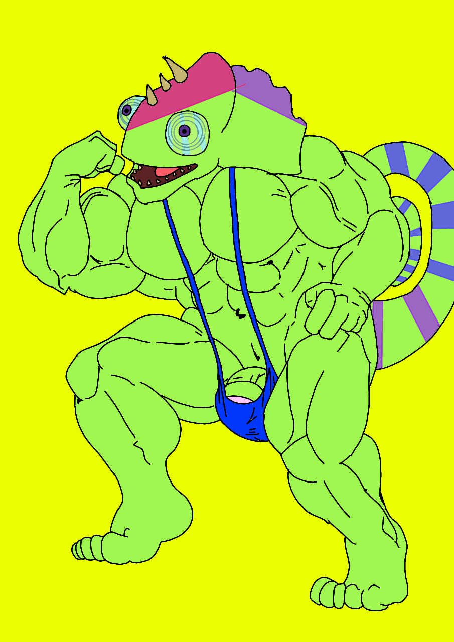 1boy almost_naked anthro anthro_on_anthro bara biceps big_blue_bubble blue_mankini blue_sclera blue_thong buff bulge bulge_through_clothing bulge_through_swimsuit bulge_through_underwear bulge_under_clothes bulge_under_swimsuit chameleon chameleon_humanoid chameleon_tail color colored colored_skin colored_tail ethereal ethereal_island ethereal_monster flex flexing flexing_arm flexing_muscles gay green_body green_skin kazilleon kazilleon_(my_singing_monsters) lime_background lizard male mankini msm muscular muscular_male my_singing_monsters my_singing_monsters:_dawn_of_fire pecs penis purple_eyes purple_pupils sexy smile thong traced traced_art yellow_background