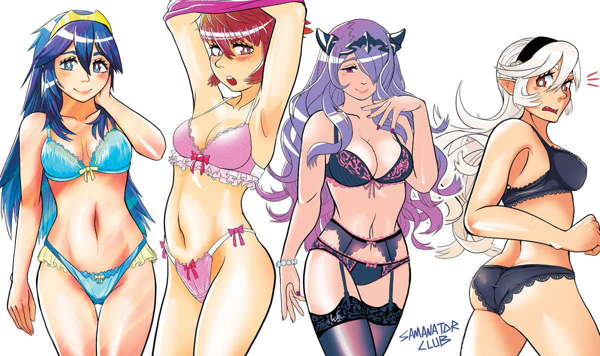 4girls, ass, blue eyes, blue hair, blush, bow, bow panties, bra, bracelet, breasts, camilla (fire emblem), cleavage, corrin (fire emblem), corrin (fire emblem) (female), elf, eyelashes, female, fire emblem, fire emblem awakening, fire emblem fates, frills, garter belt, garter straps, hair over one eye, hairband, hinoka (fire emblem), long hair, lucina (fire emblem), multiple females, multiple girls, nail polish, navel, nintendo, panties, pointy ears, purple hair, red eyes, red hair, samanator club, shirt lift, short hair, simple background, smile, thighhighs, tiara, undressing, white background, white hair