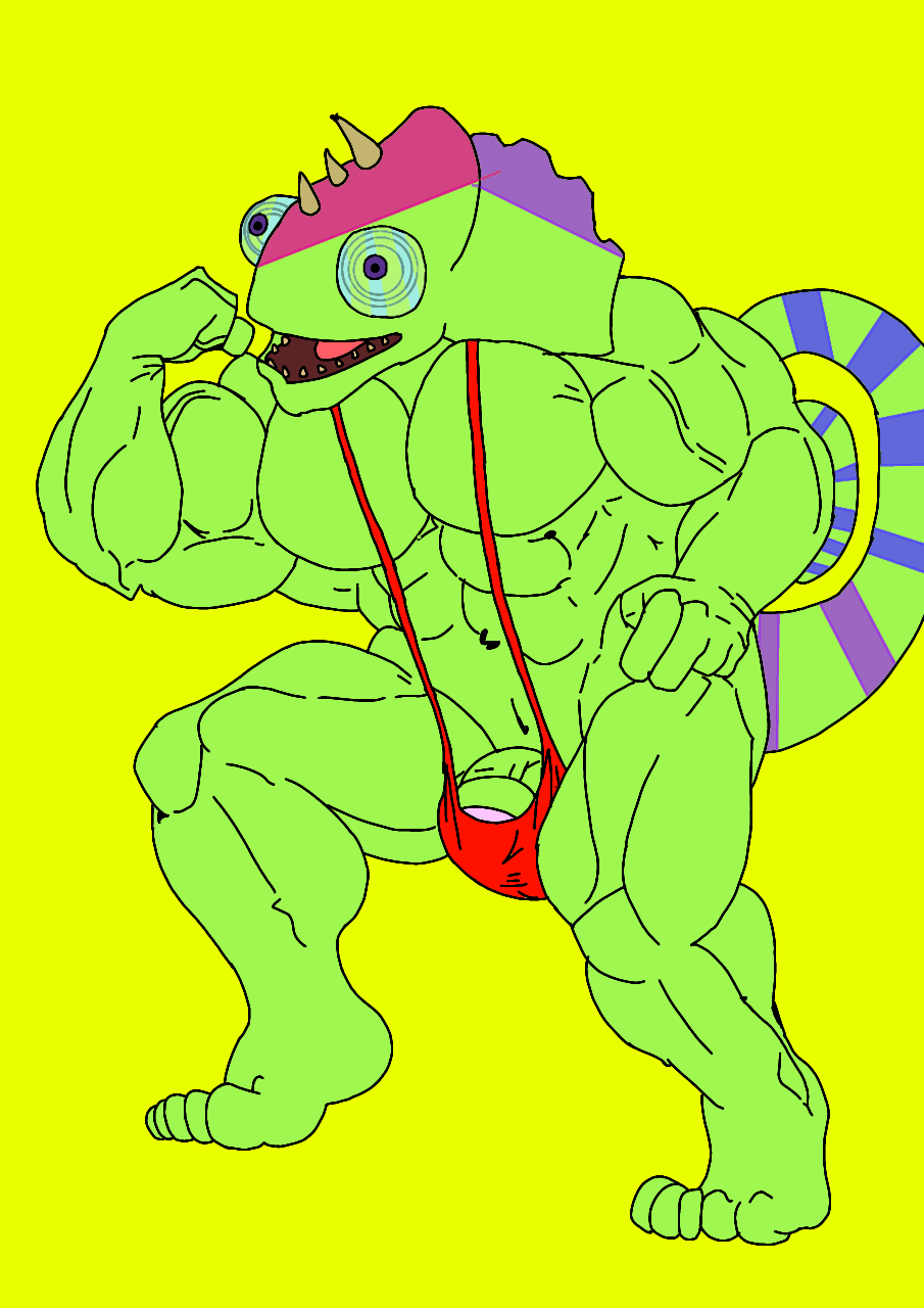 1boy almost_naked anthro anthro_on_anthro bara biceps big_blue_bubble blue_sclera buff bulge bulge_through_clothing bulge_through_swimsuit bulge_through_underwear bulge_under_clothes bulge_under_swimsuit chameleon chameleon_humanoid chameleon_tail color colored colored_skin colored_tail ethereal ethereal_island ethereal_monster flex flexing flexing_arm flexing_muscles gay green_body green_skin kazilleon kazilleon_(my_singing_monsters) lime_background lizard male mankini msm muscular muscular_male my_singing_monsters my_singing_monsters:_dawn_of_fire pecs penis purple_eyes purple_pupils red_mankini red_thong sexy smile thong traced traced_art yellow_background