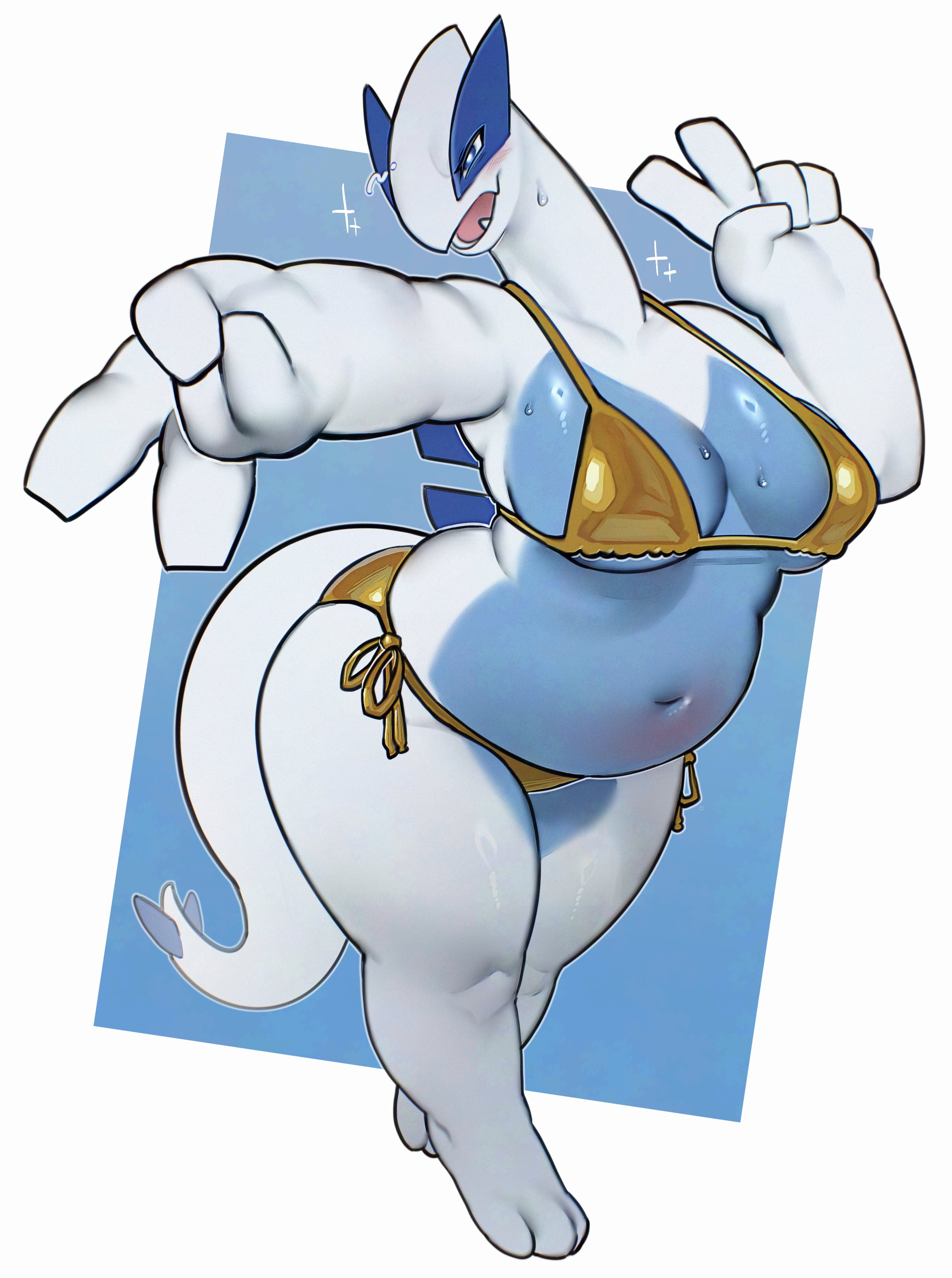 1girls, 2026, absurd res, anthro, belly, big breasts, big thighs, bikini, blue eyes, blush, curvy, curvy figure, double v, female, female only, generation 2 pokemon, gold bikini, golden week, legendary pokemon, lugia, nintendo, open mouth, pokemon, pokemon (species), side-tie bikini, smile, solo, tail, tarashi, thick thighs, v sign, white background, wide hips