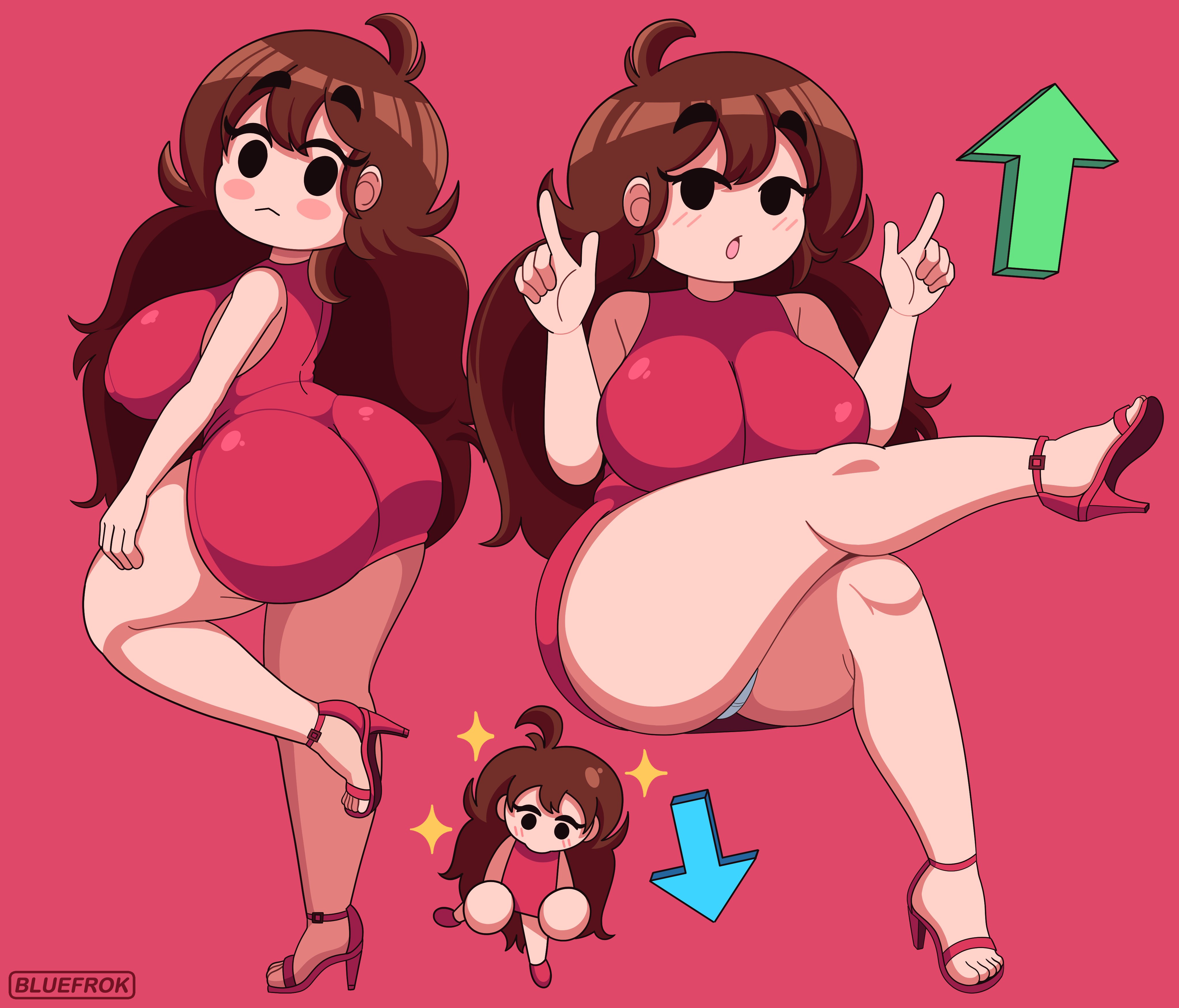 2020s, 2026, 2026s, 3girls, big ass, big butt, bluefrok, brown hair, brunette, brunette female, brunette hair, bubble ass, bubble butt, chibi, chibi style, curvaceous, curvaceous body, curves, curvy, curvy female, curvy figure, curvy hips, cute, dat ass, dat butt, different poses, digital drawing (artwork), digital media (artwork), down arrow, fat ass, fat butt, female, female focus, female only, friday night funkin, full body, fully clothed, girlfriend (friday night funkin), heels, jpeg, red background, red dress, round ass, round butt, same character, shiny, shiny clothes, short dress, solo, solo female, solo focus, thicc, thicc ass, thicc thighs, thick thighs, twitter link, up and down, up arrow, voluptuous, voluptuous female, watermark